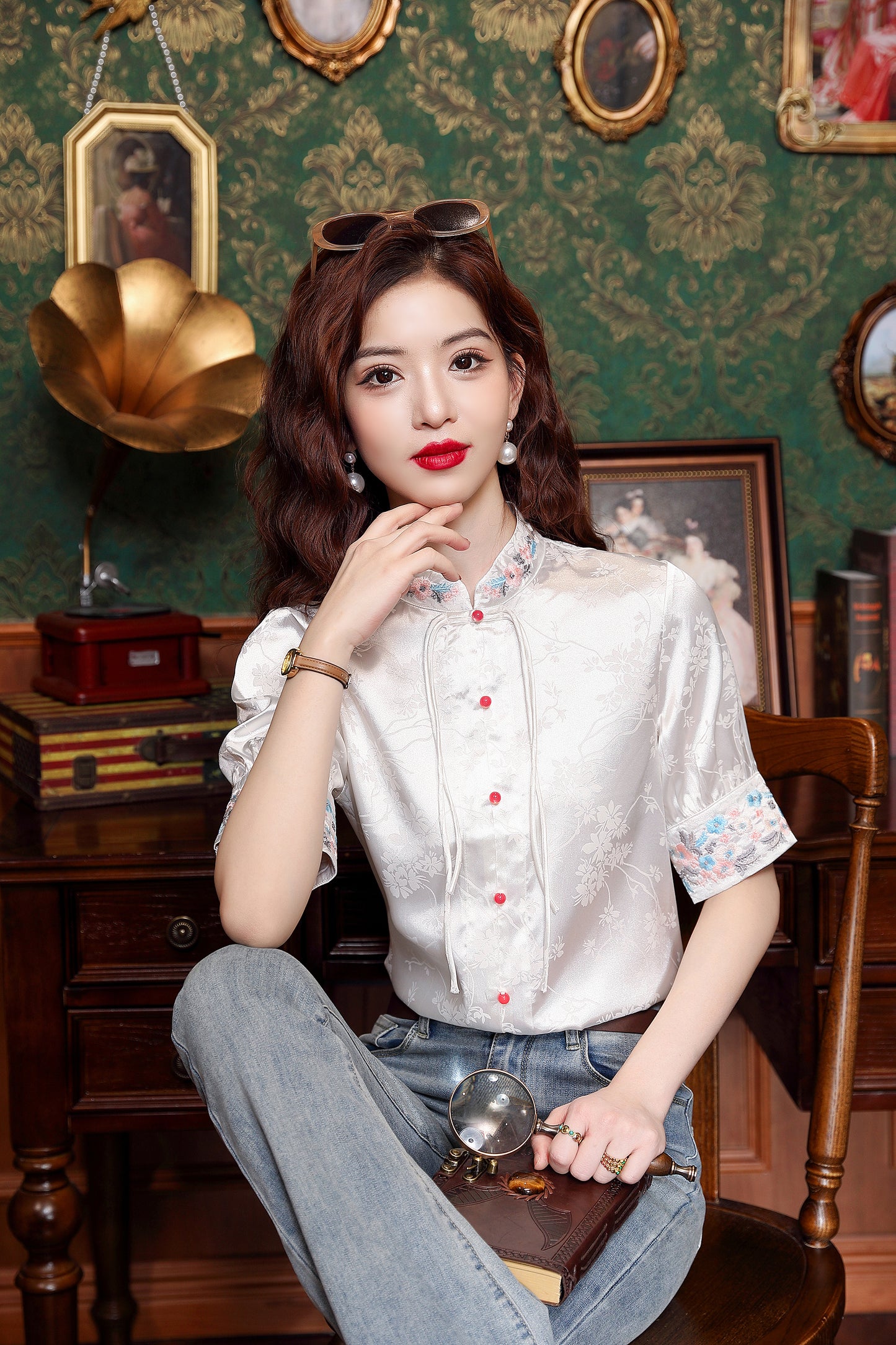 Women's Silk Satin Embroidery Jacquard Blouse Tops