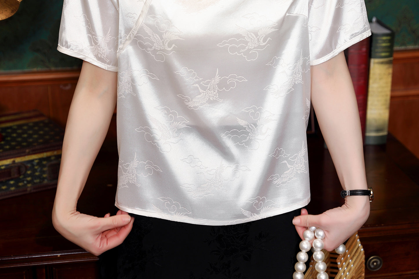 Women's Silk Satin Tops Button Jacquard Blouse