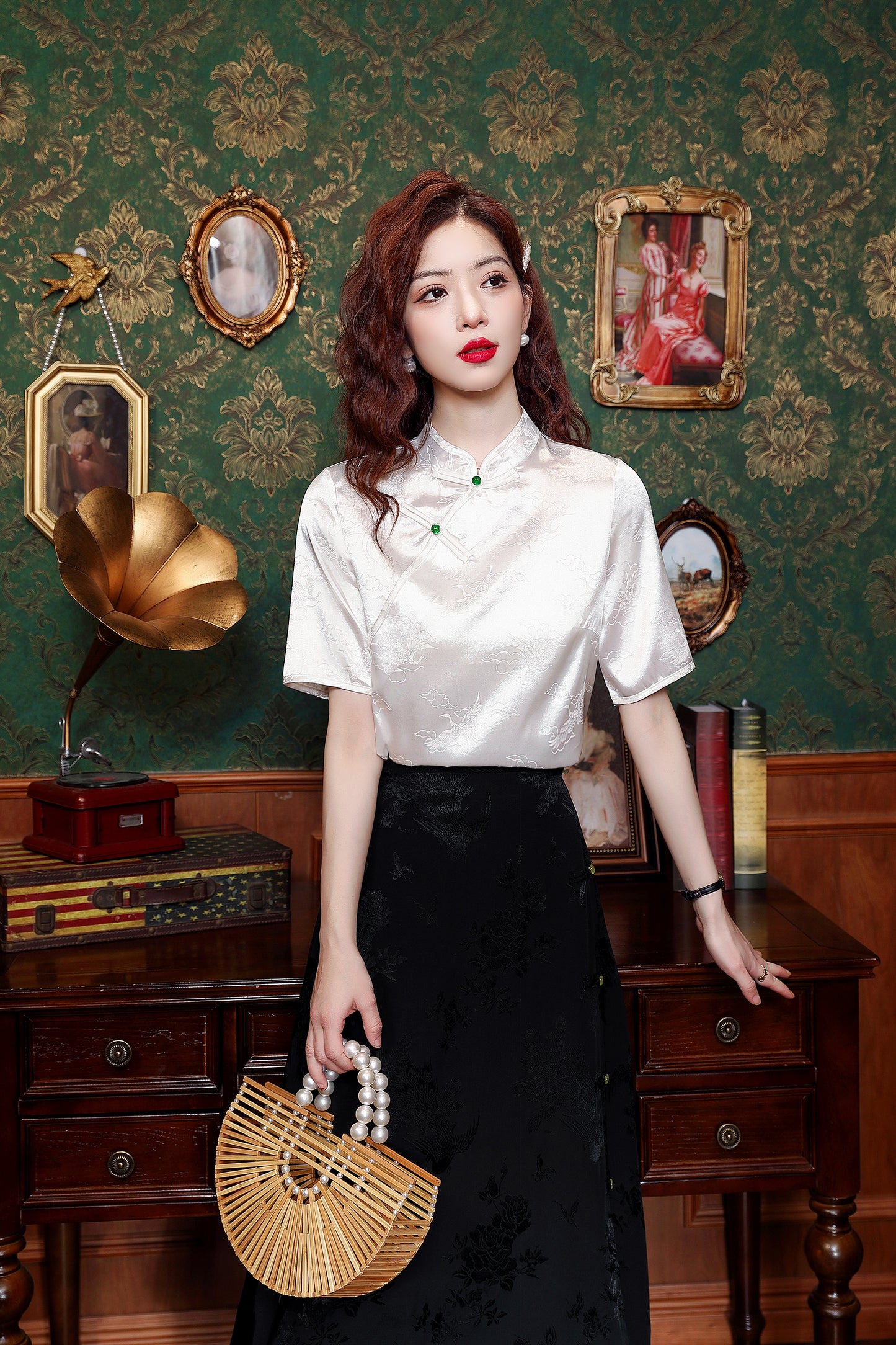 Women's Silk Satin Tops Button Jacquard Blouse