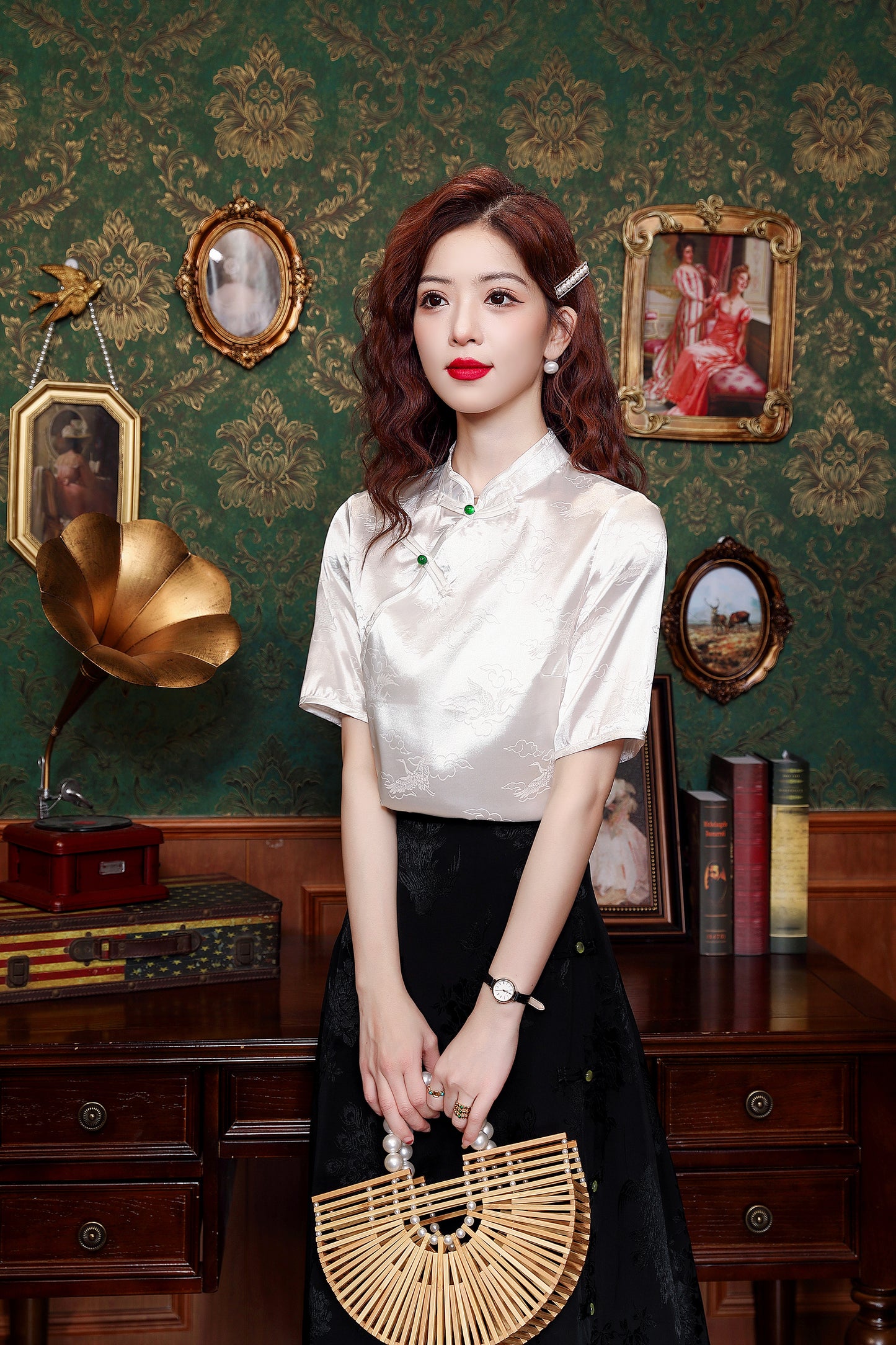 Women's Silk Satin Tops Button Jacquard Blouse