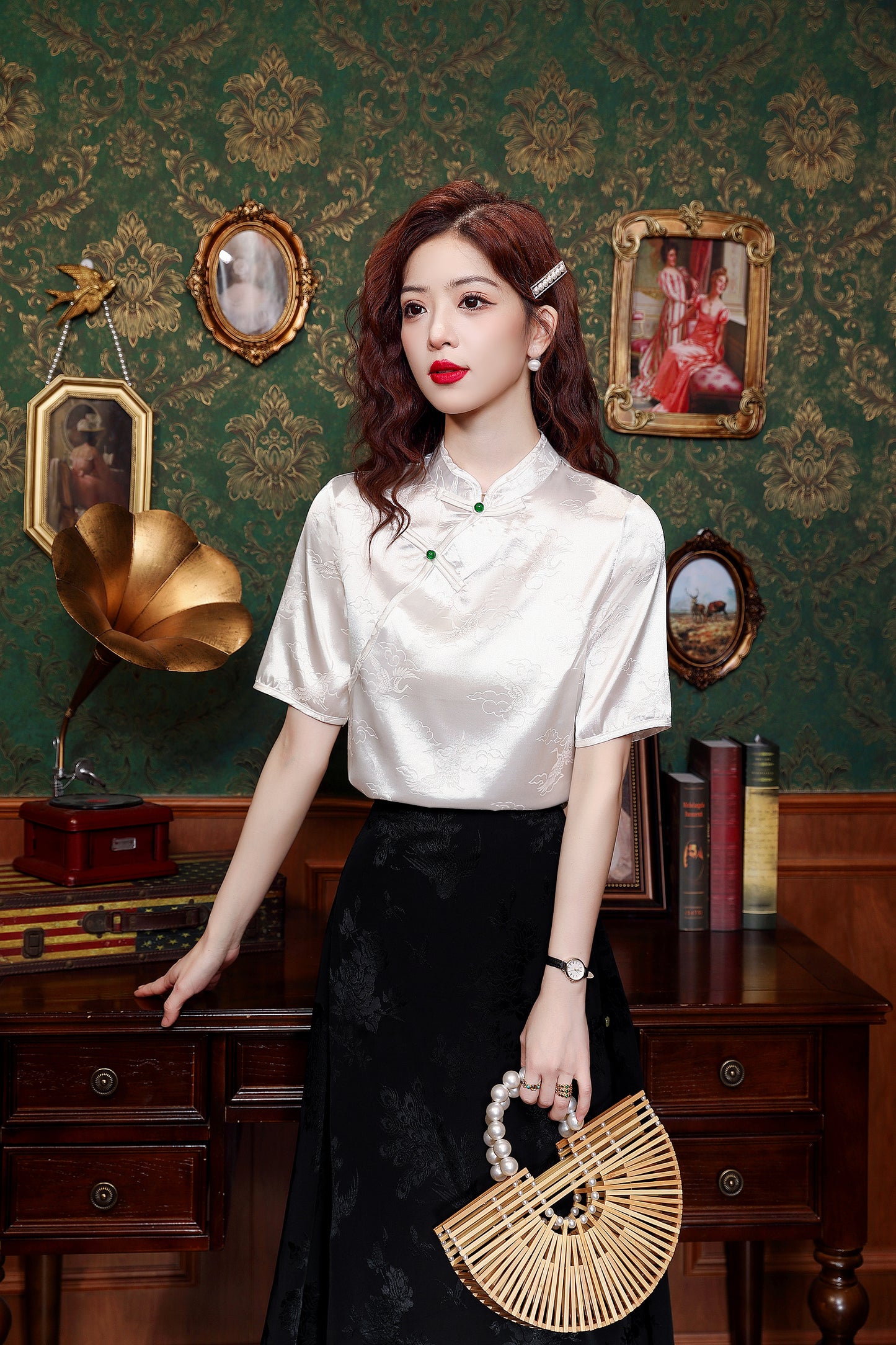 Women's Silk Satin Tops Button Jacquard Blouse