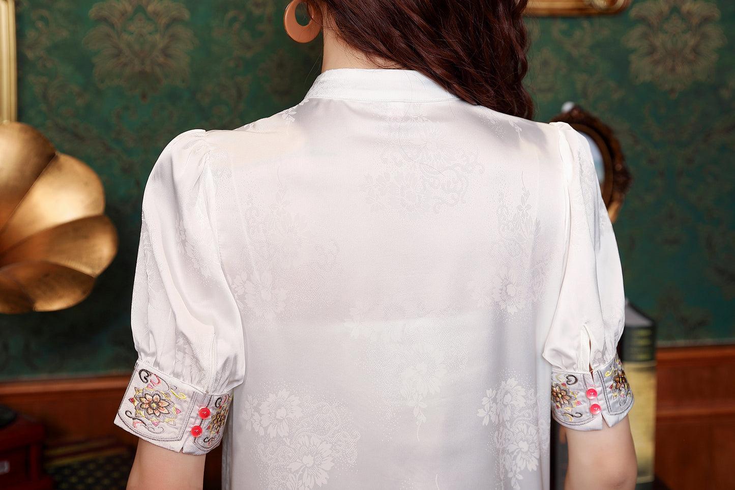 Women's Silk Satin Embroidery Jacquard Blouse Tops