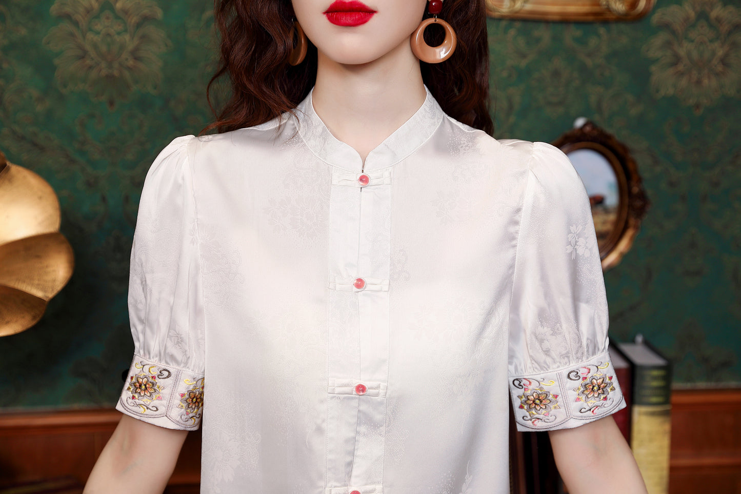 Women's Silk Satin Embroidery Jacquard Blouse Tops