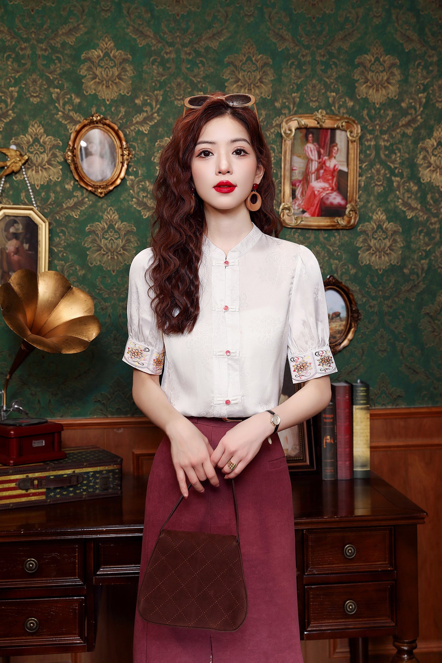 Women's Silk Satin Embroidery Jacquard Blouse Tops