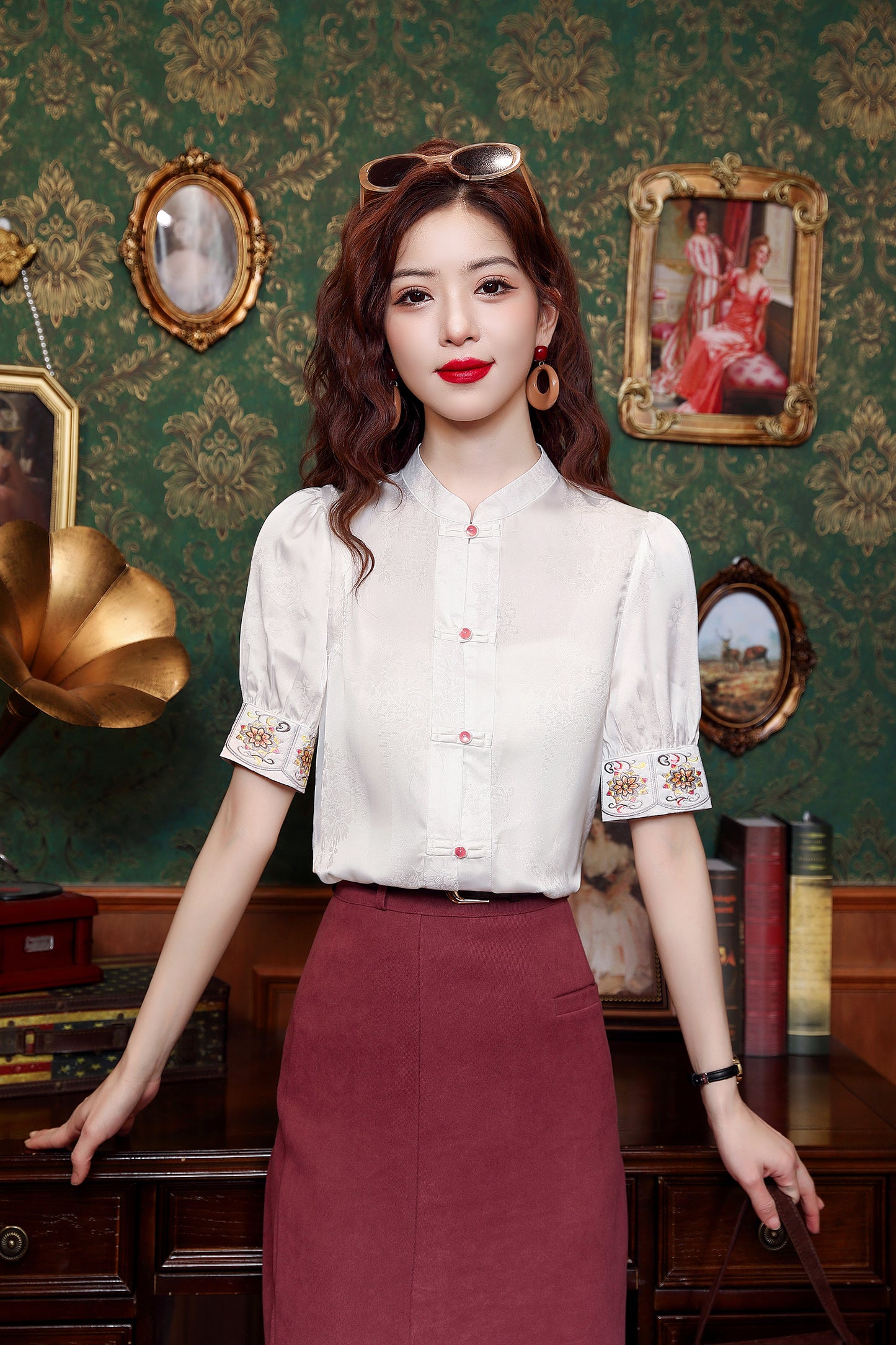 Women's Silk Satin Embroidery Jacquard Blouse Tops