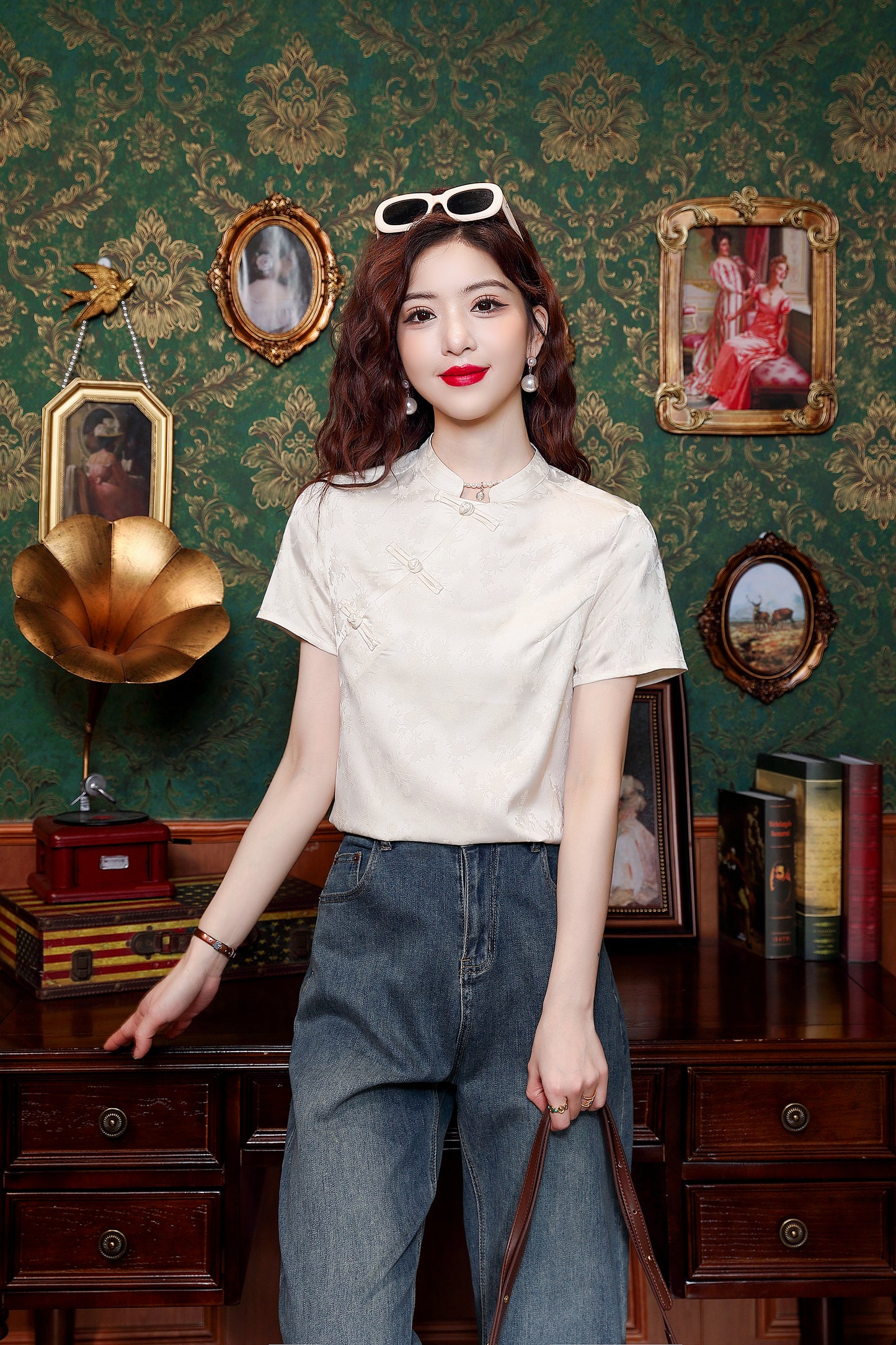 Women's Silk Satin Tops Button Jacquard Blouse