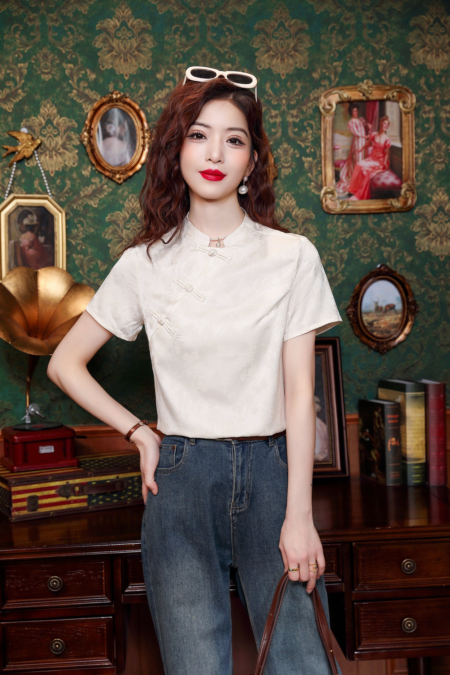 Women's Silk Satin Tops Button Jacquard Blouse