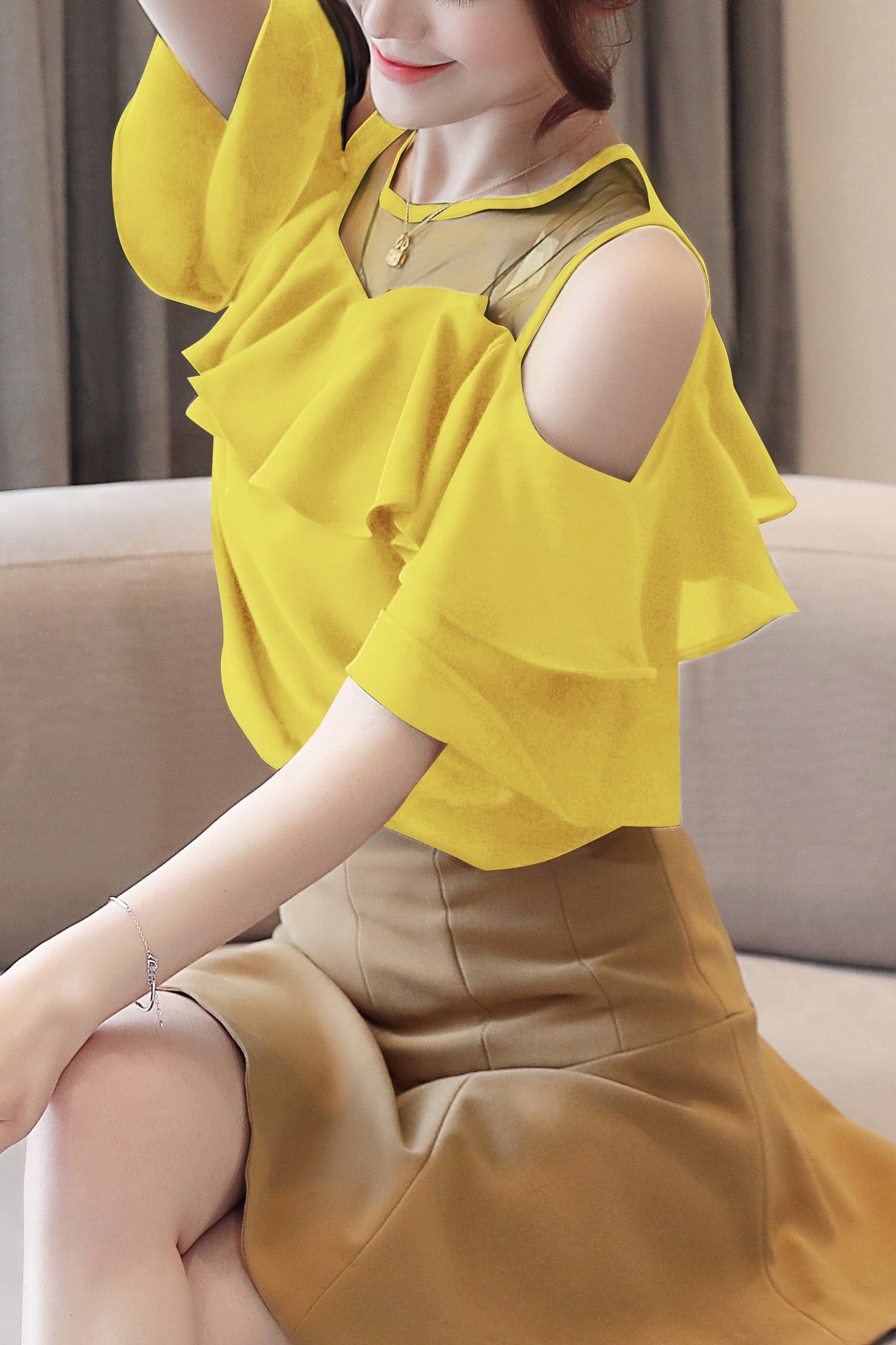Women's Chiffon Ruffle Off Shoulder Mesh Blouse Top