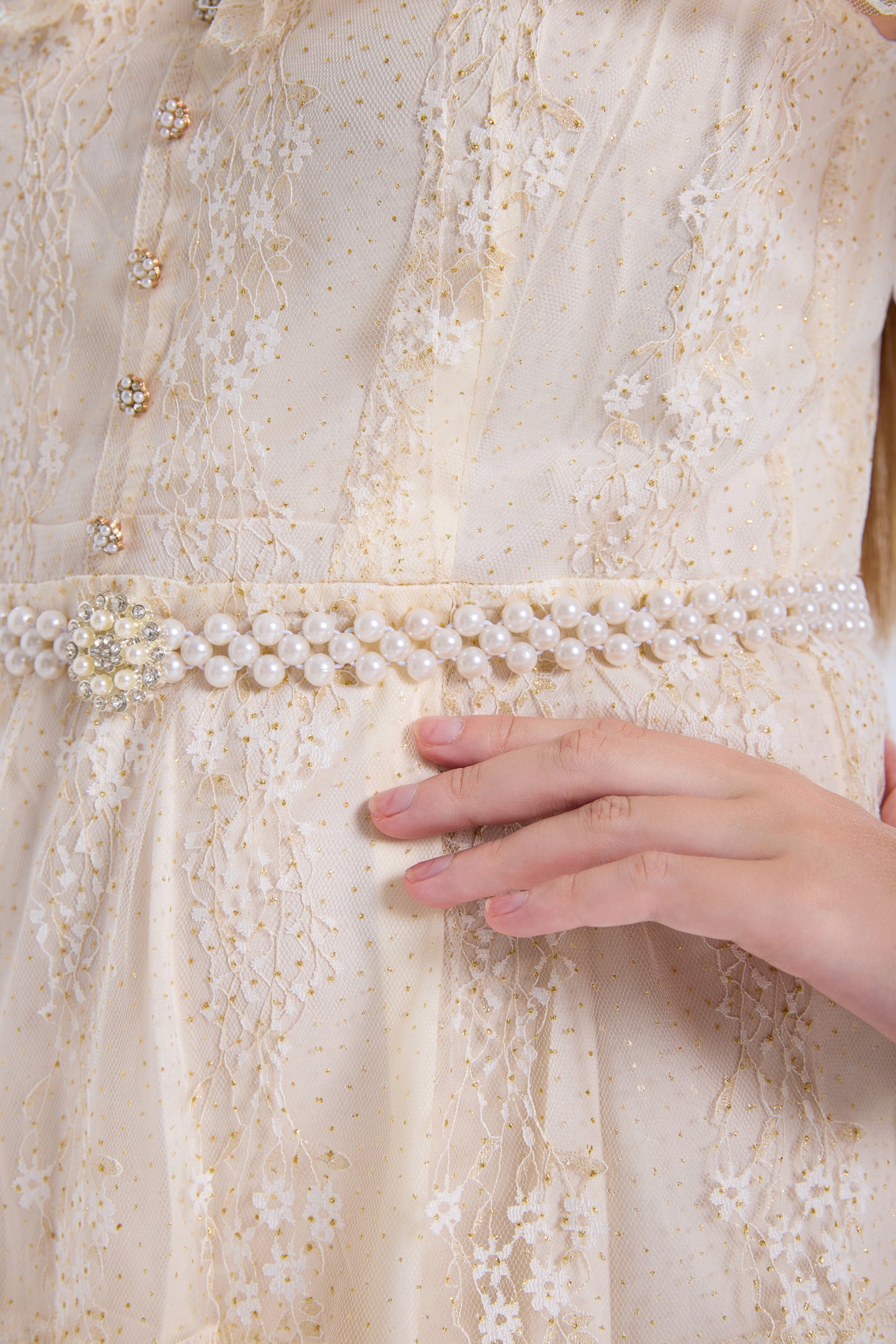 LAI MENG FIVE CATS Ivory Lace Embroidery Dress with Pearl Belt - LAI MENG FIVE CATS