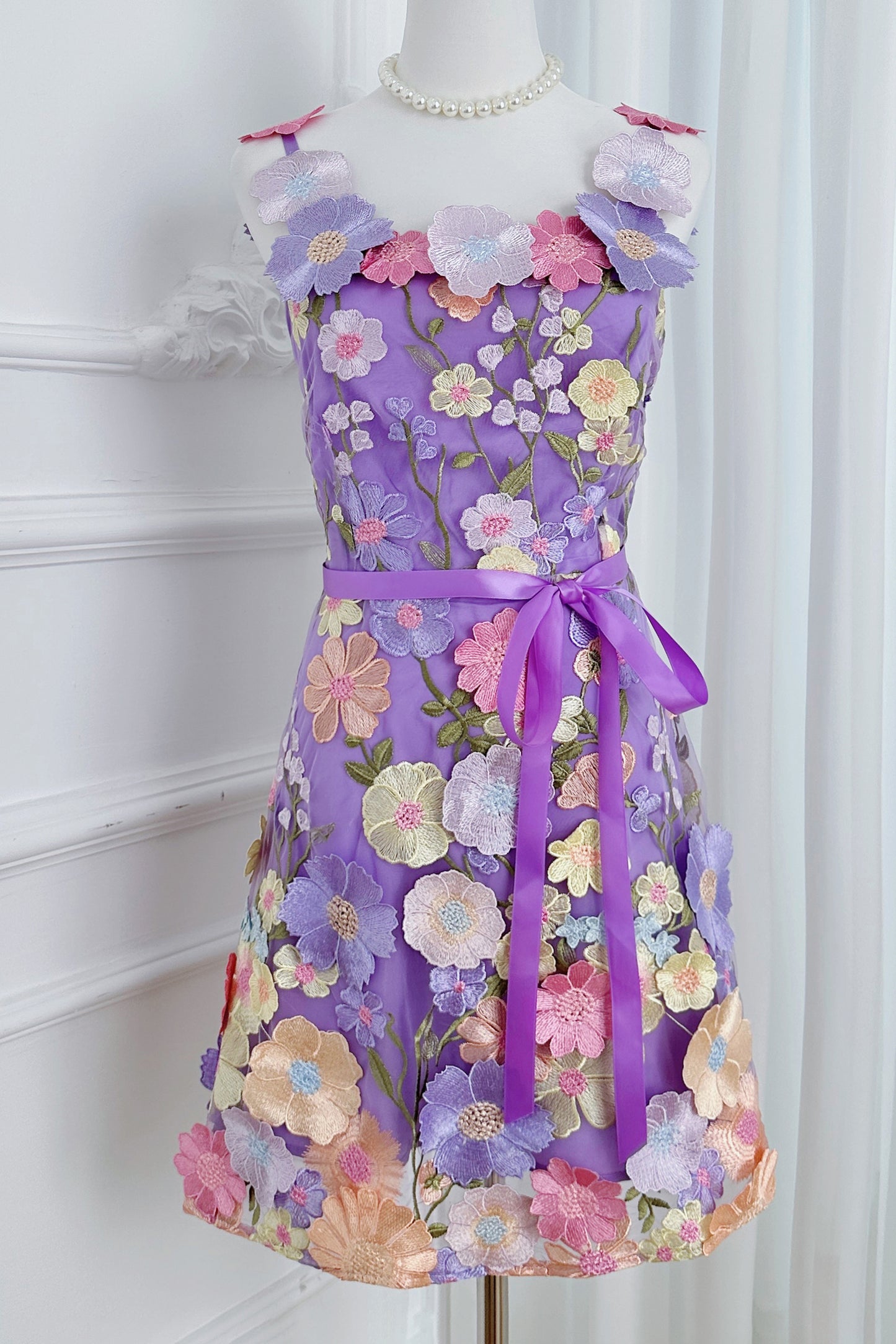 Women's Adjustable Spaghetti Straps 3D Floral Tulle Mini Dress
