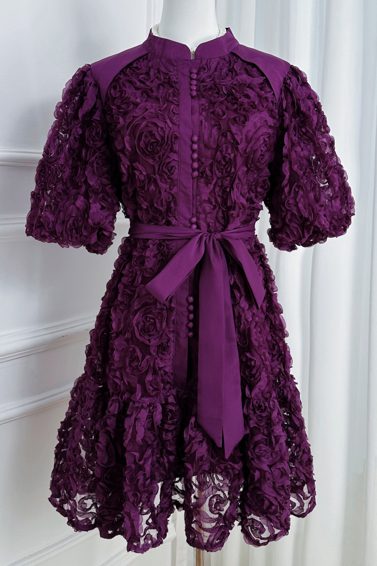 Women 3D Floral Puff Sleeve Ruffle Mini Dress