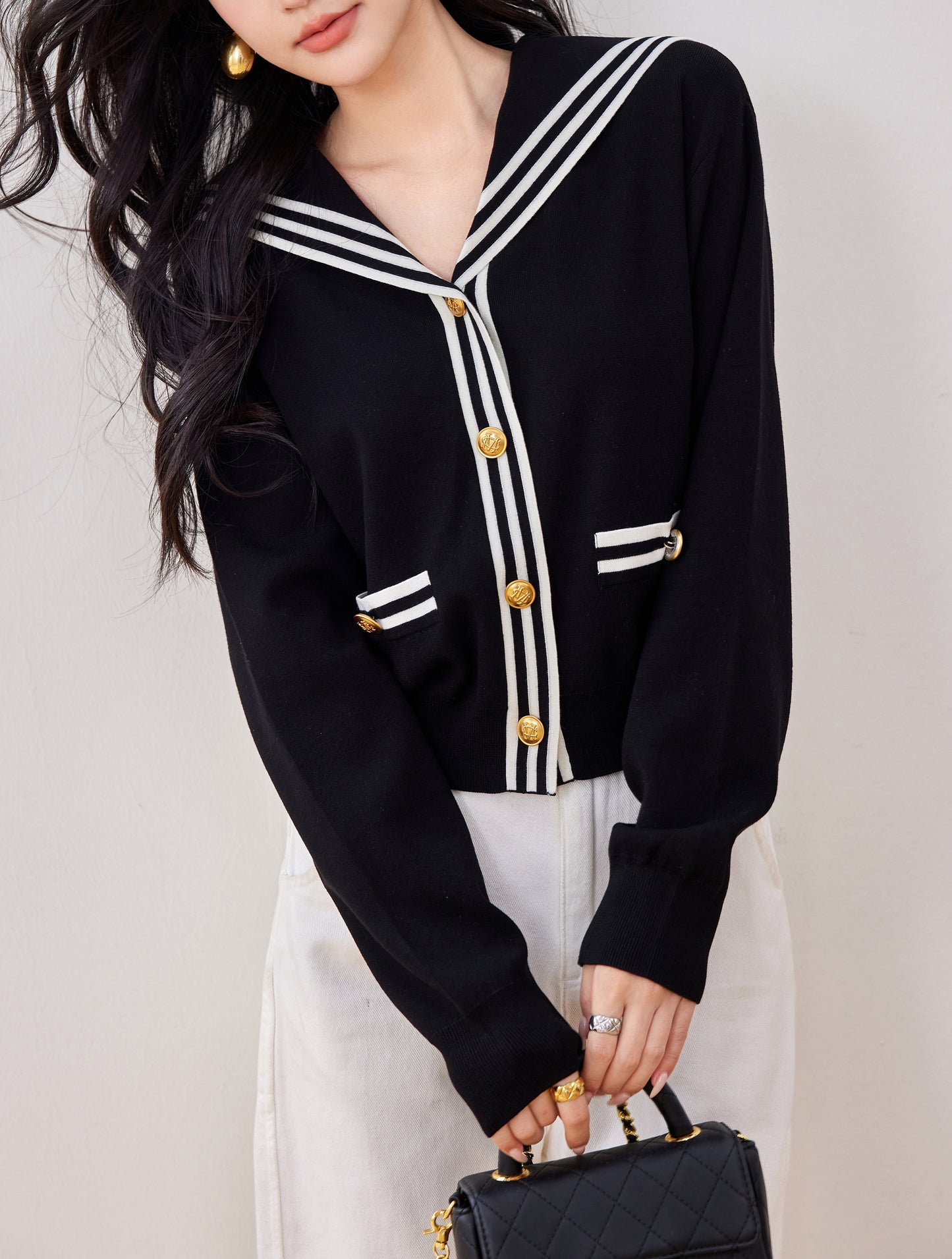 Women's Sailor Collar V-Neck Stripe Button Knit Top