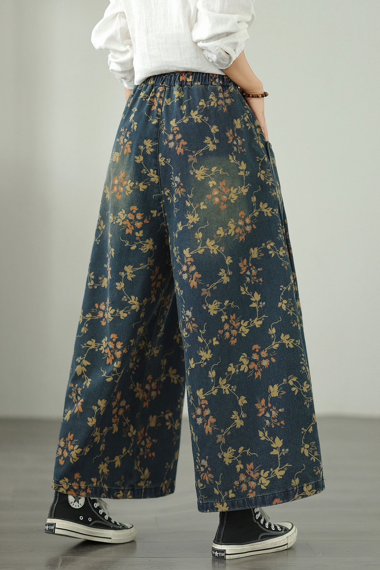Floral Print Wide Leg Drawstring Denim Pants | Relaxed Fit - LAI MENG FIVE CATS