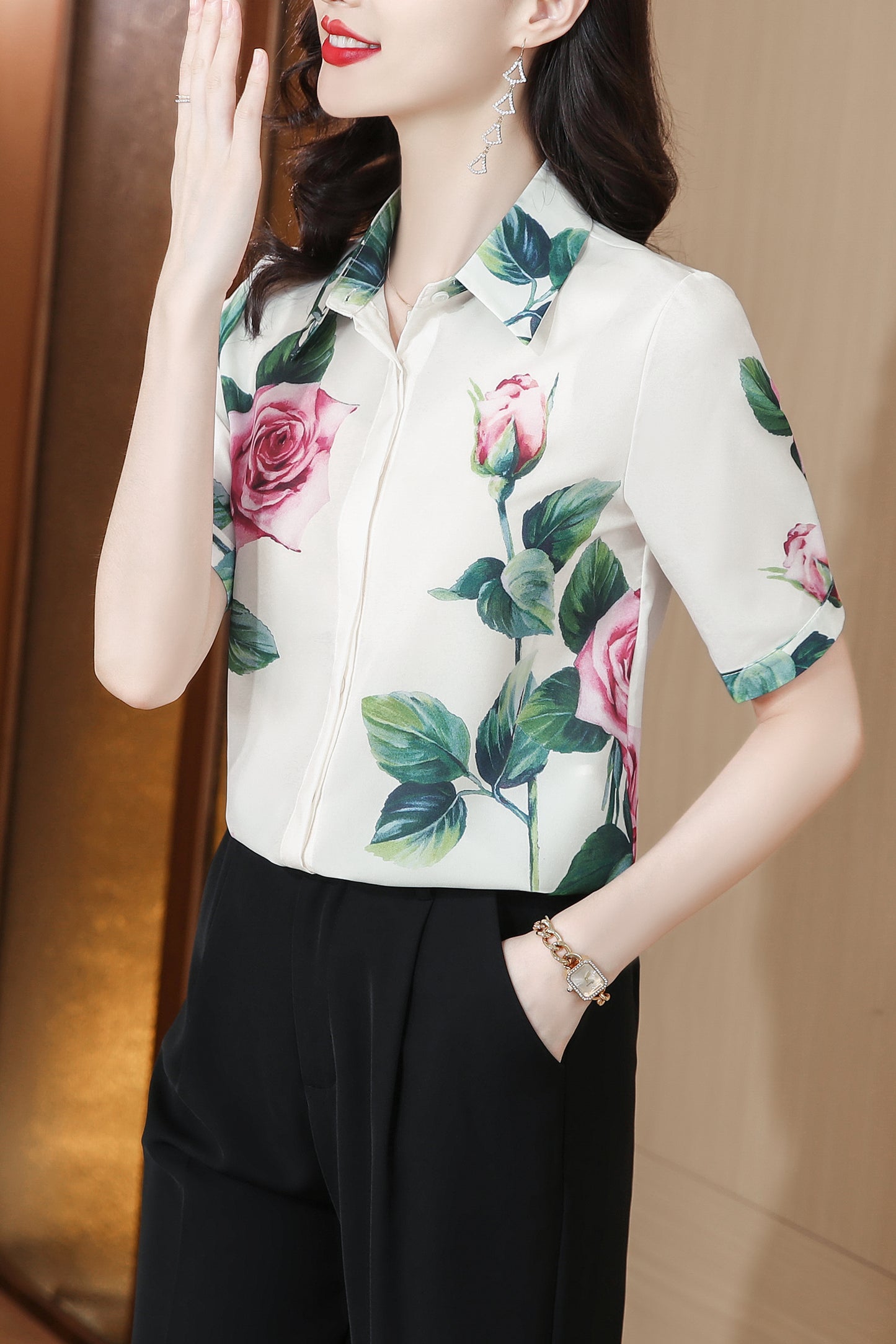 Women's Collared Floral Print Blouse Short Sleeve Tops