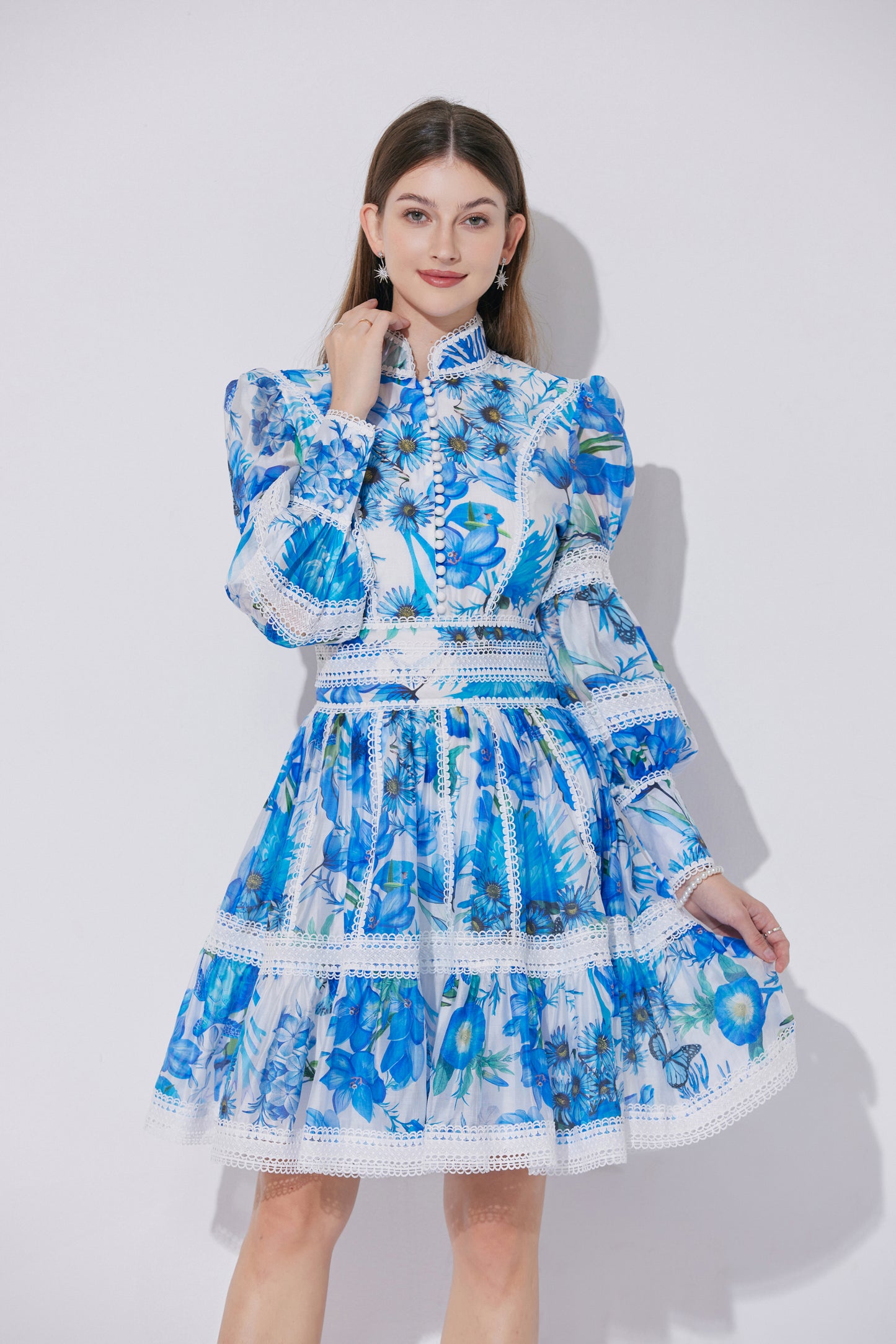 Women's Puff Sleeves Hollow Mesh Mini Dress
