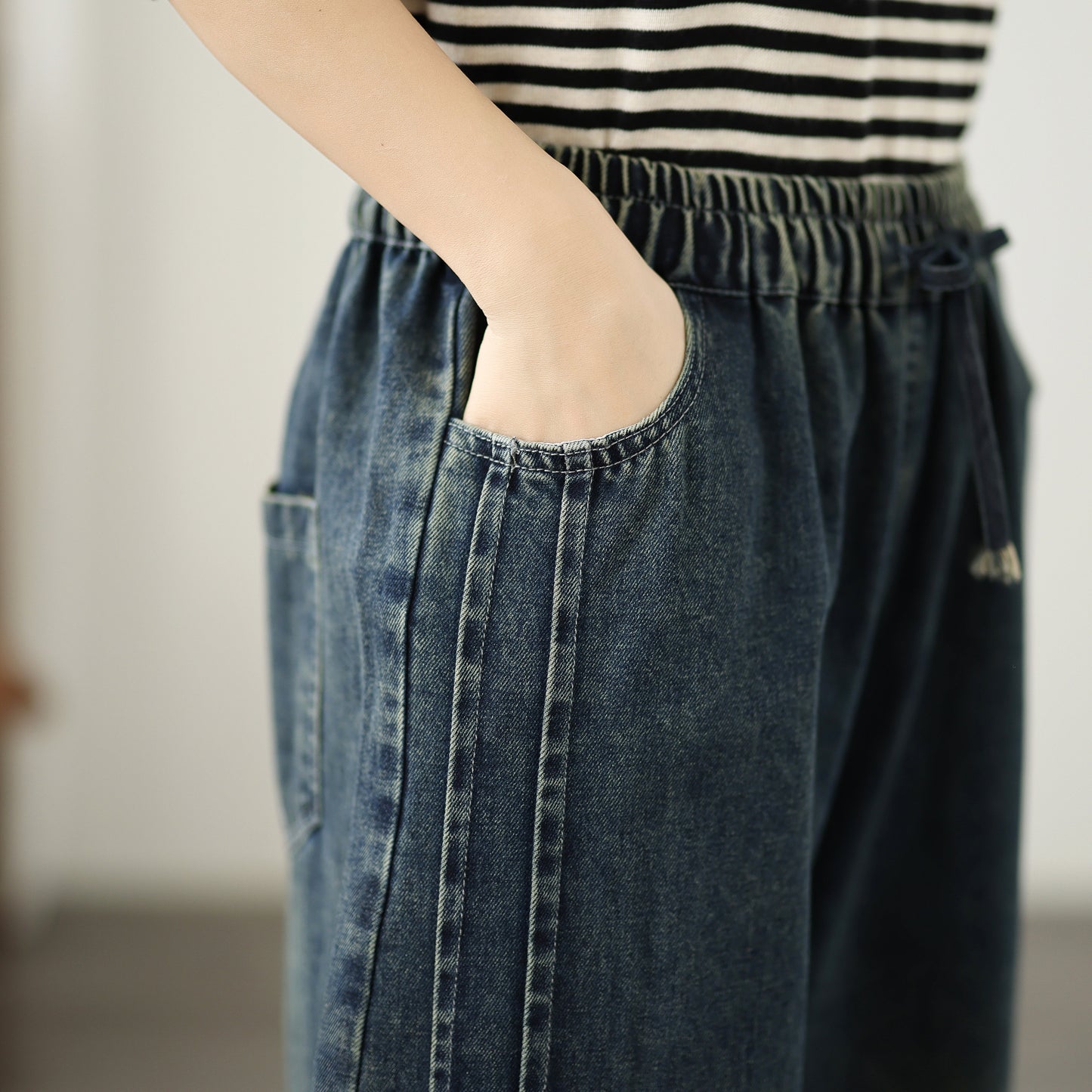 Jeans for Women Wide Leg Pull On Elastic Waist Denim - LAI MENG FIVE CATS