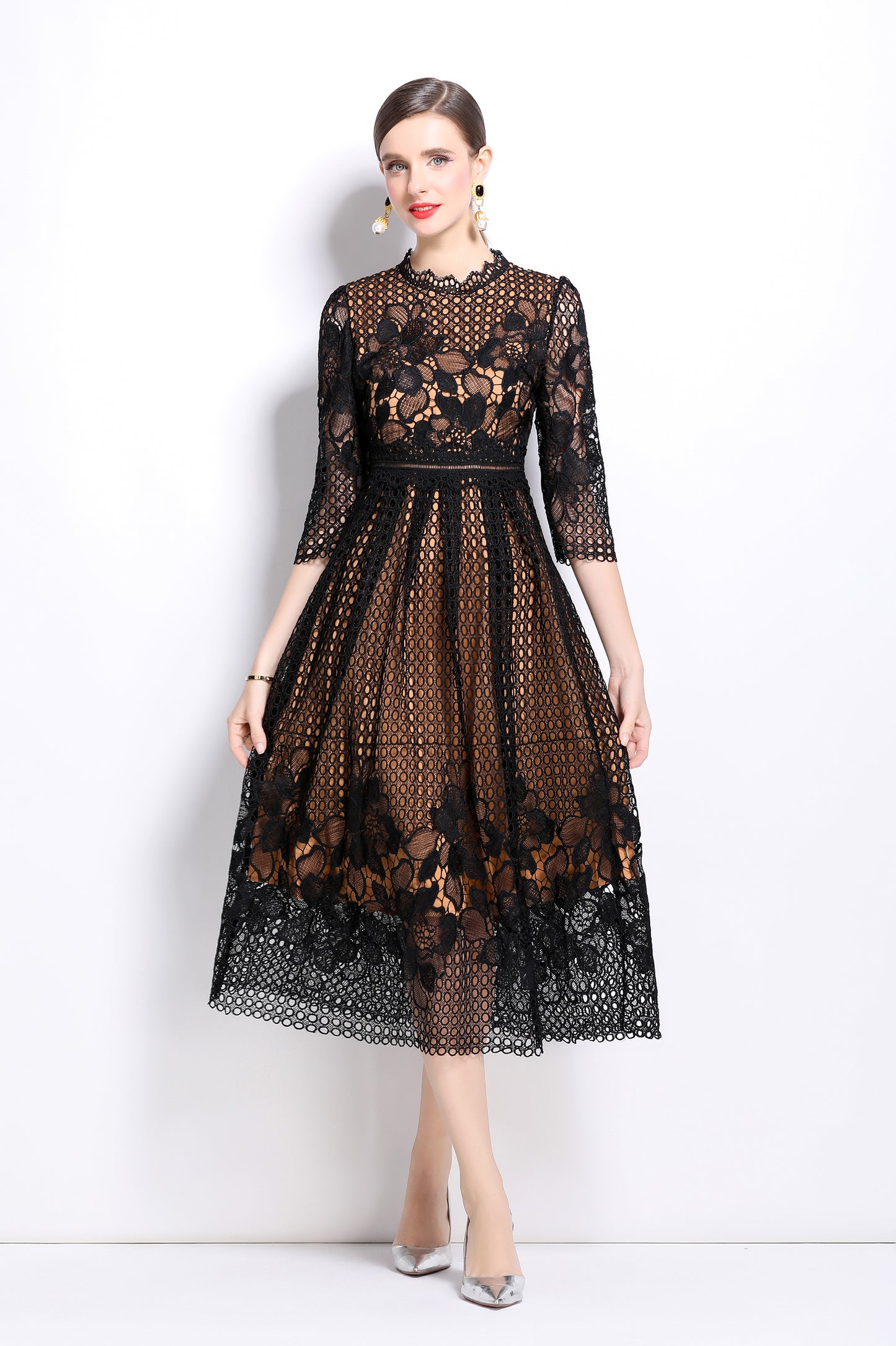 BK-Womens Floral Lace Hollow Crochet Waist Cocktail Dress - LAI MENG FIVE CATS