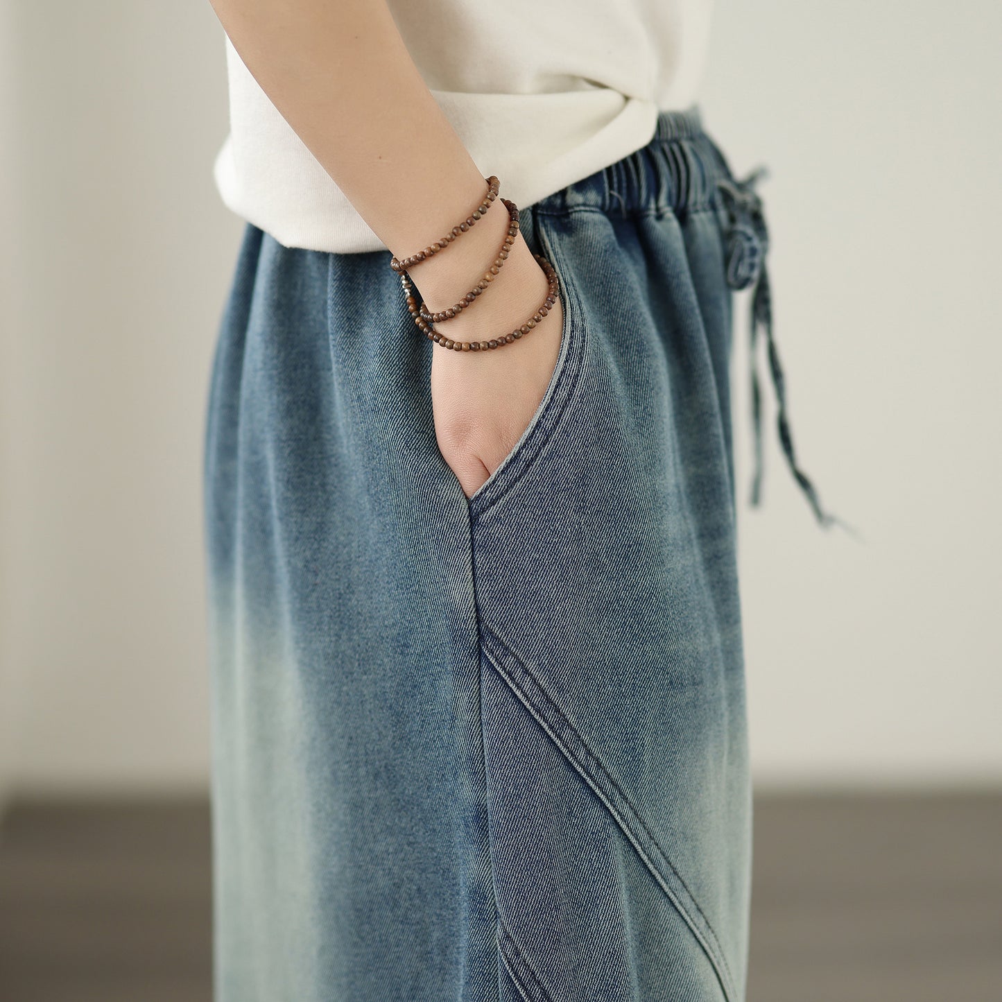 Women's Baggy Jeans Drawstring Waist Wide Leg Denim Pants - LAI MENG FIVE CATS