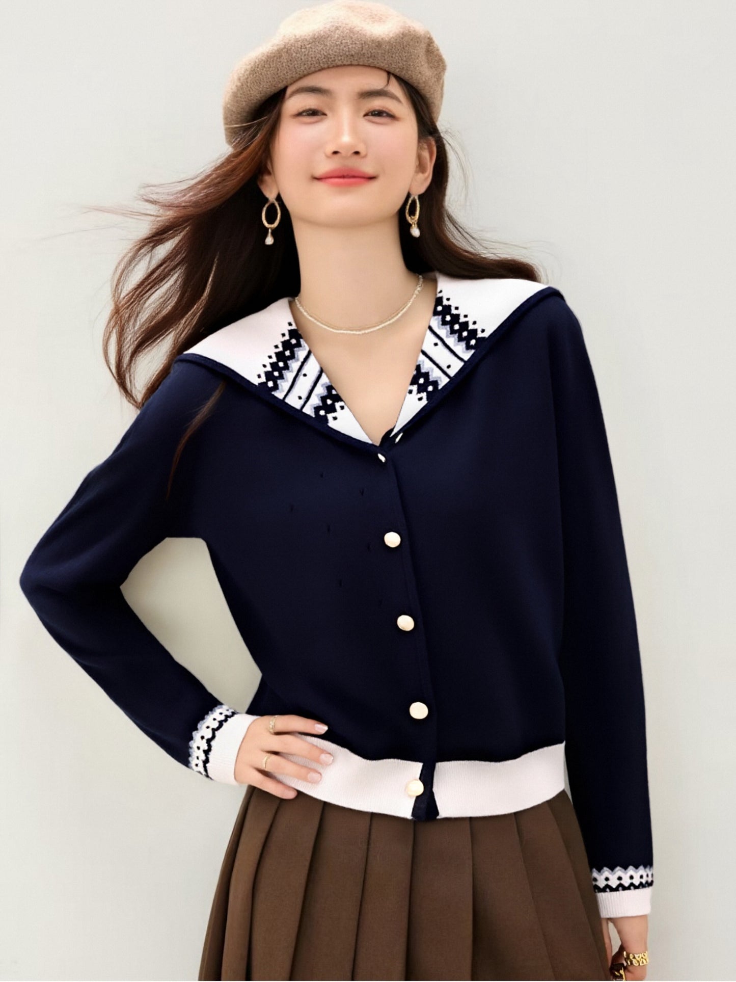 Women's Sailor Collar Long Sleeve Stripe Cardigan Sweater