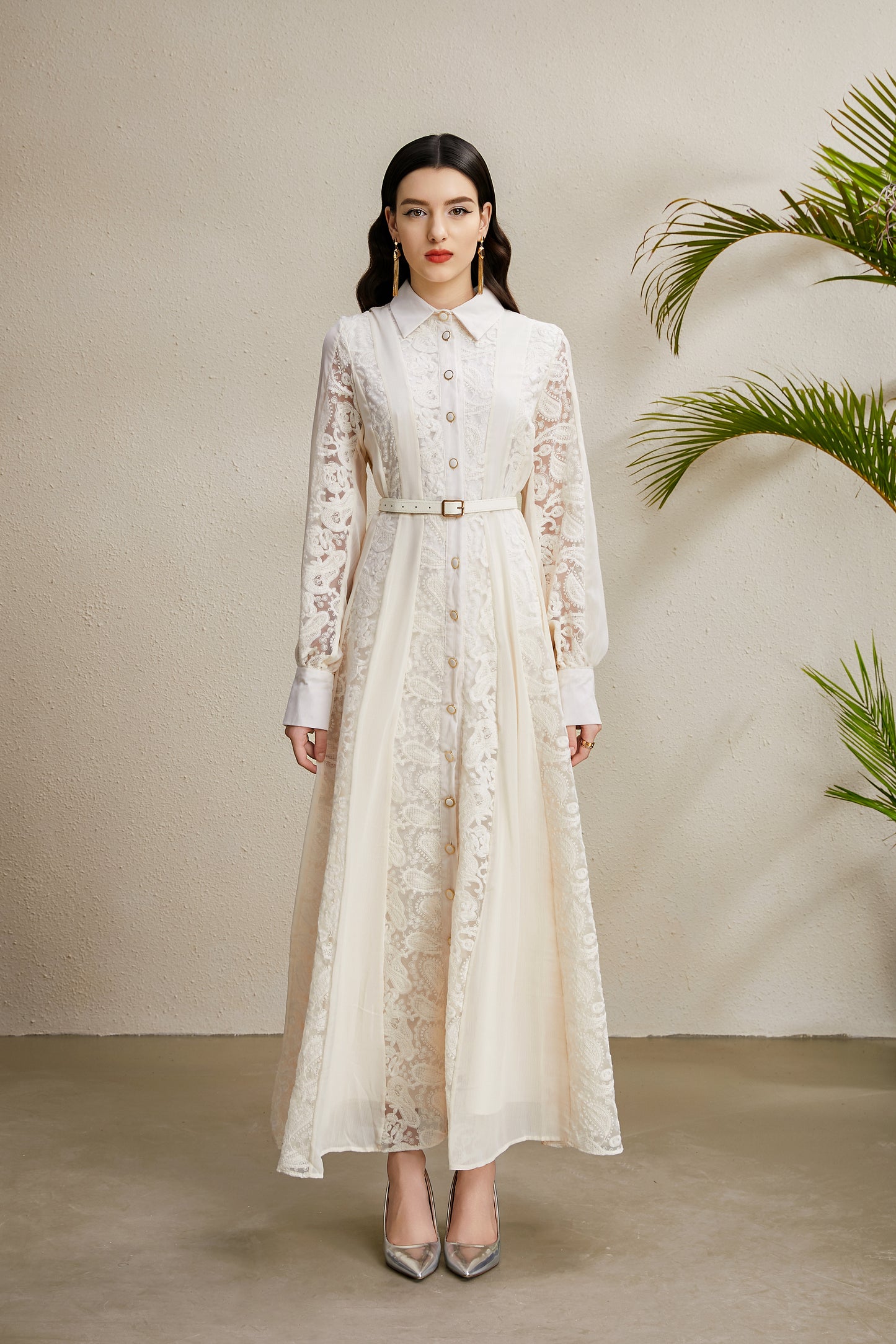 Women's Floral Print Lace Puff Sleeve Maxi Dress