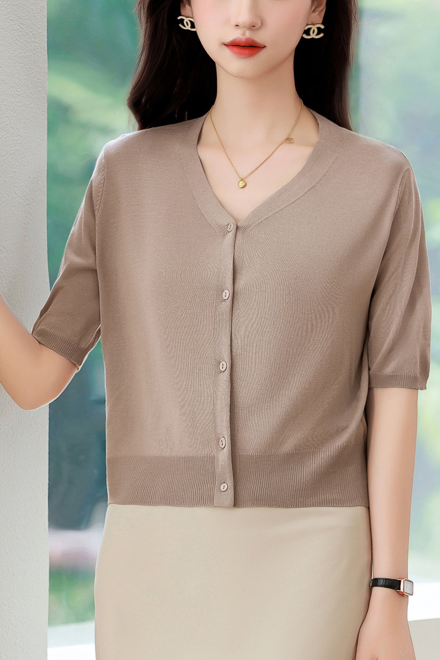 Women's Short Sleeve Ribbed Knit Cardigan Tops