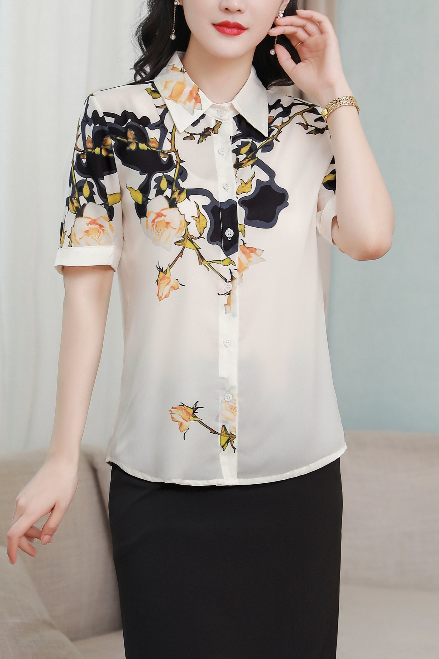 Women's Collared Floral Print Blouse Short Sleeve Tops