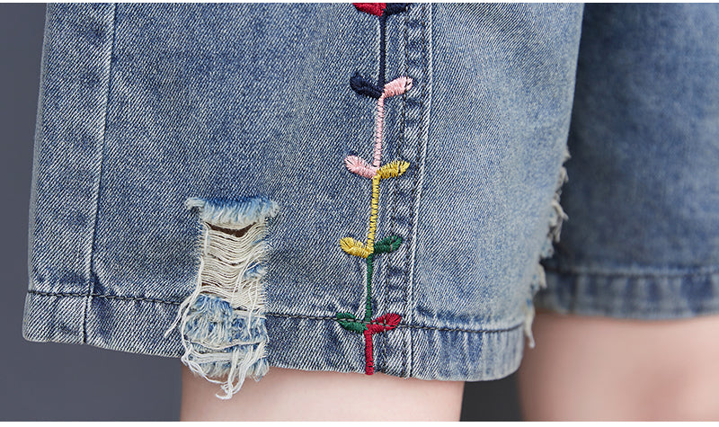 Women's Baggy Pull On Jeans Ripped Denim Shorts - LAI MENG FIVE CATS