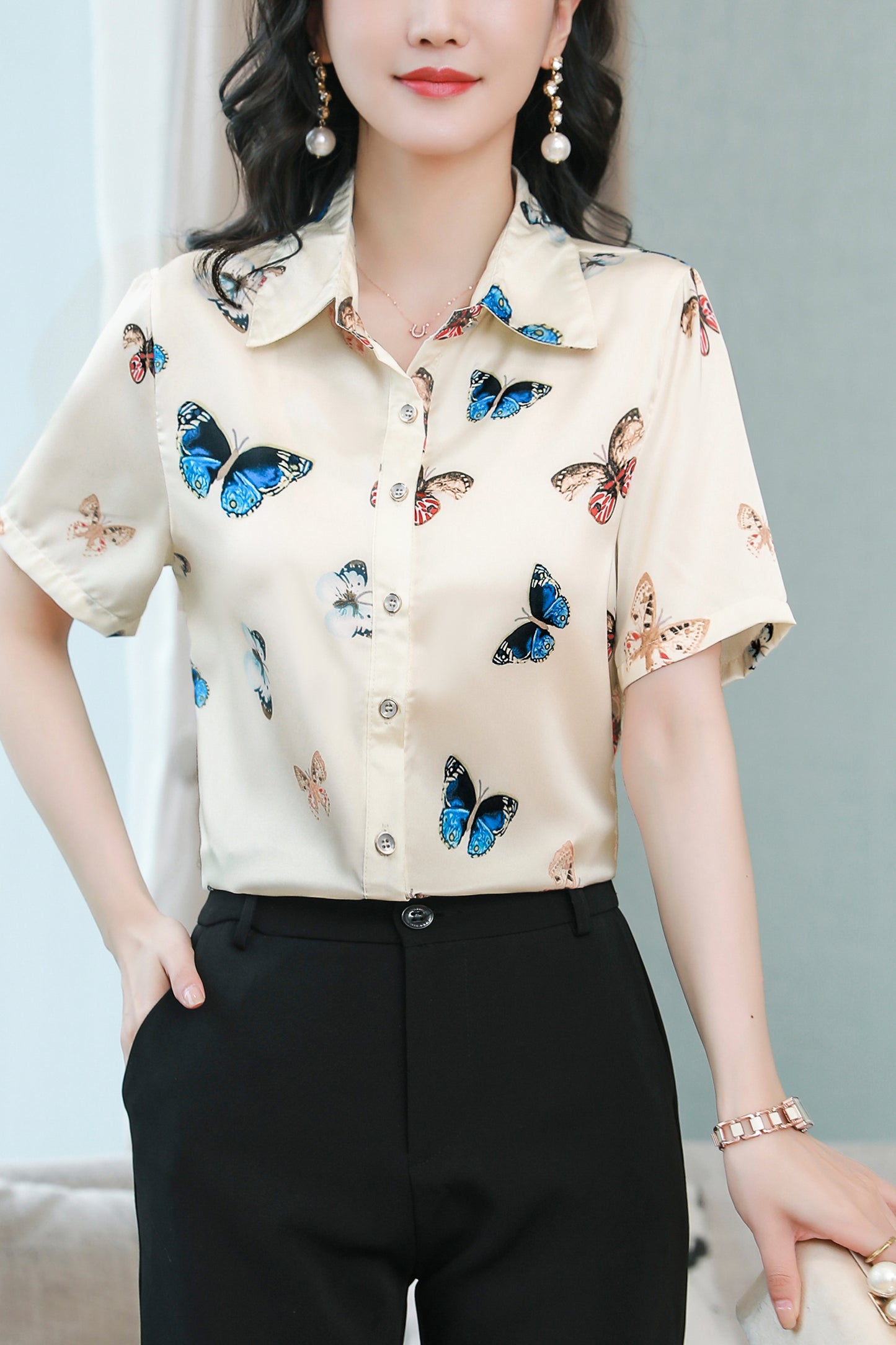 Women's Stain Floral Print Blouse Short Sleeve Tops