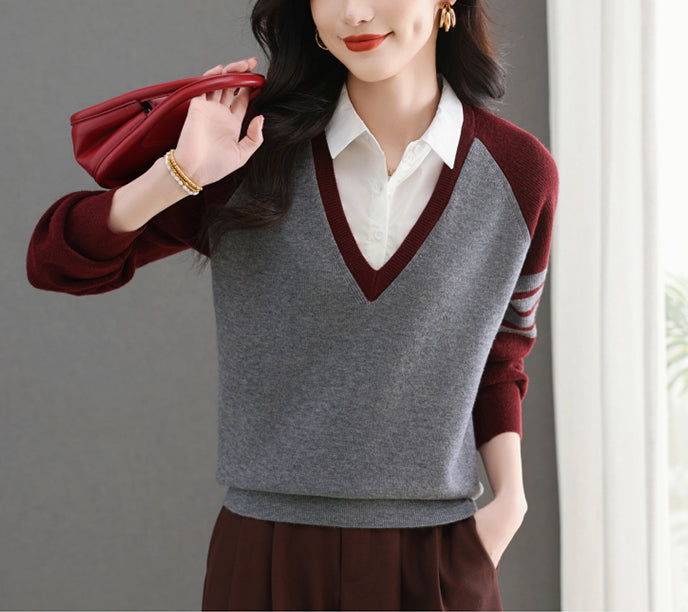 Women's V-Neck Pullover Top Striped Contrast Blouse