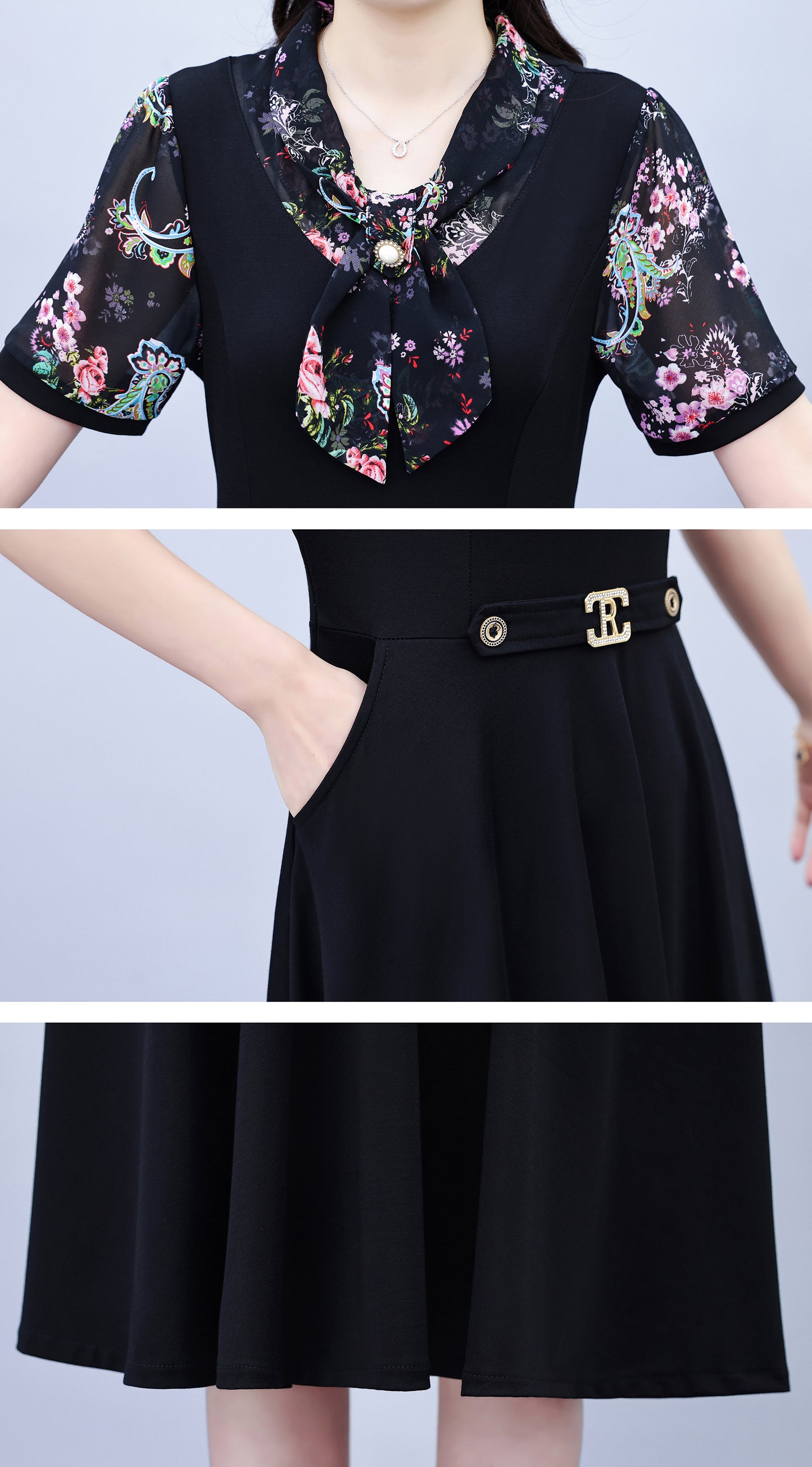Elegant Floral Sleeve A-Line Midi Dress - LAI MENG FIVE CATS