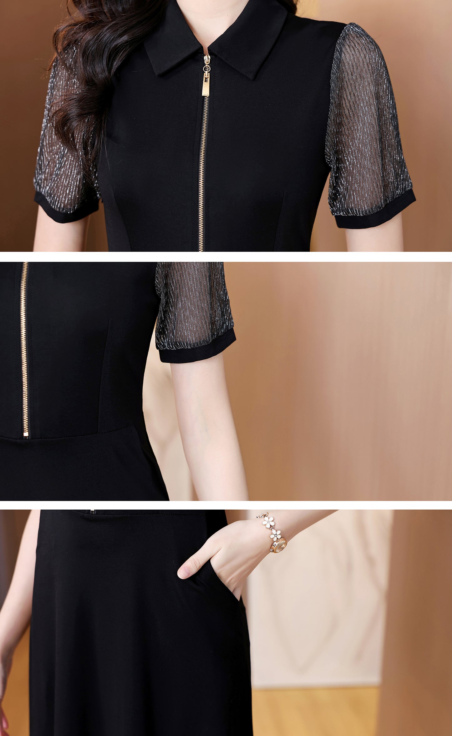 Elegant Black Mesh Sleeve Midi Dress - LAI MENG FIVE CATS