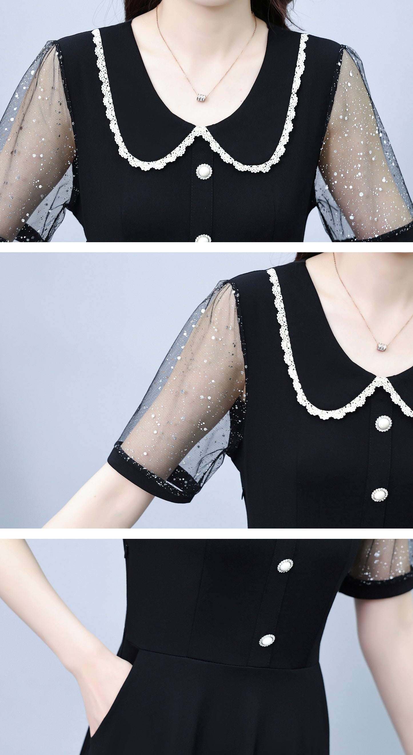 Elegant Mesh Sleeve Midi Dress with Pockets - LAI MENG FIVE CATS