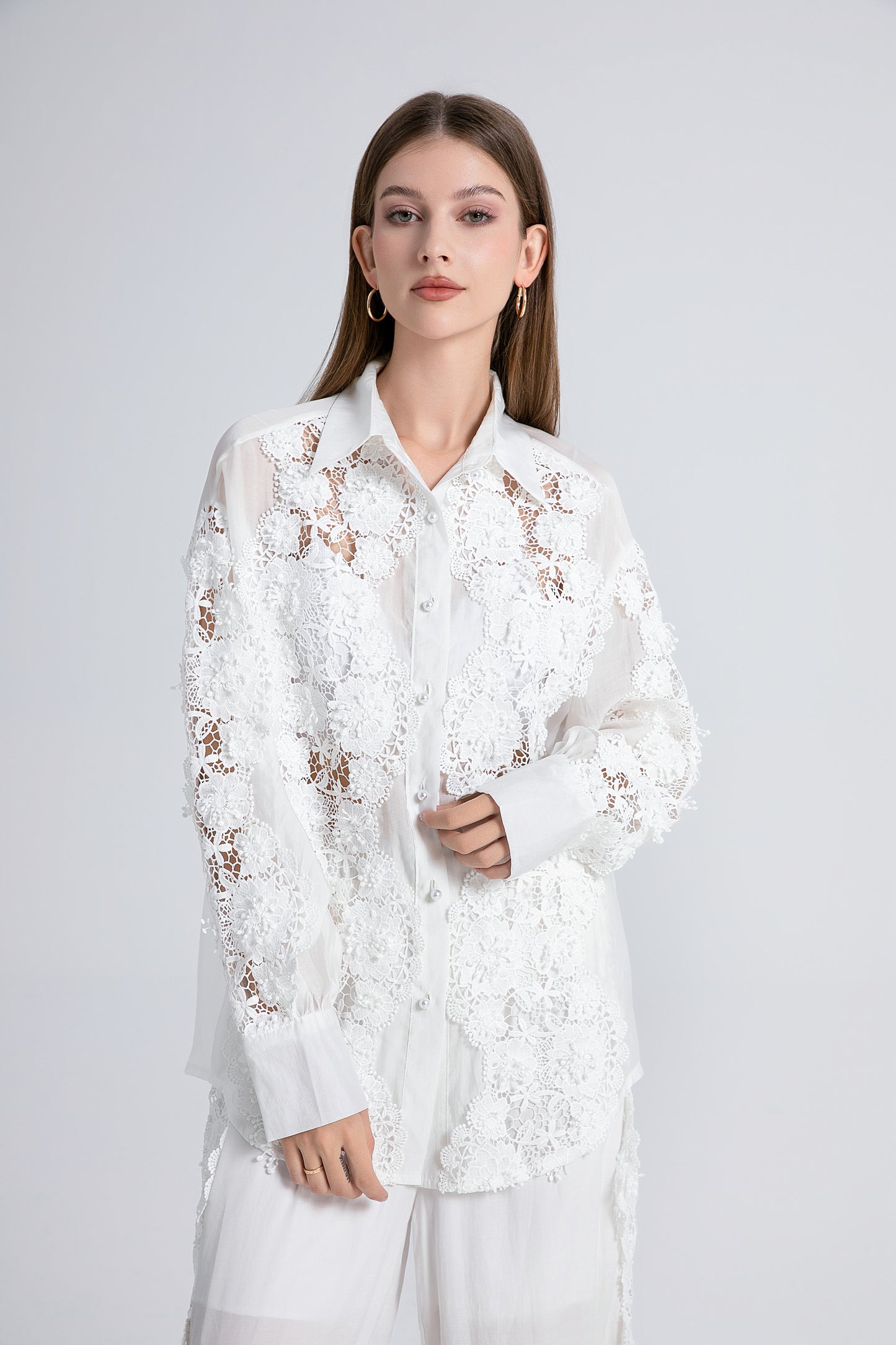 Lace Hollow Elastic Waist Shirt Pants Set