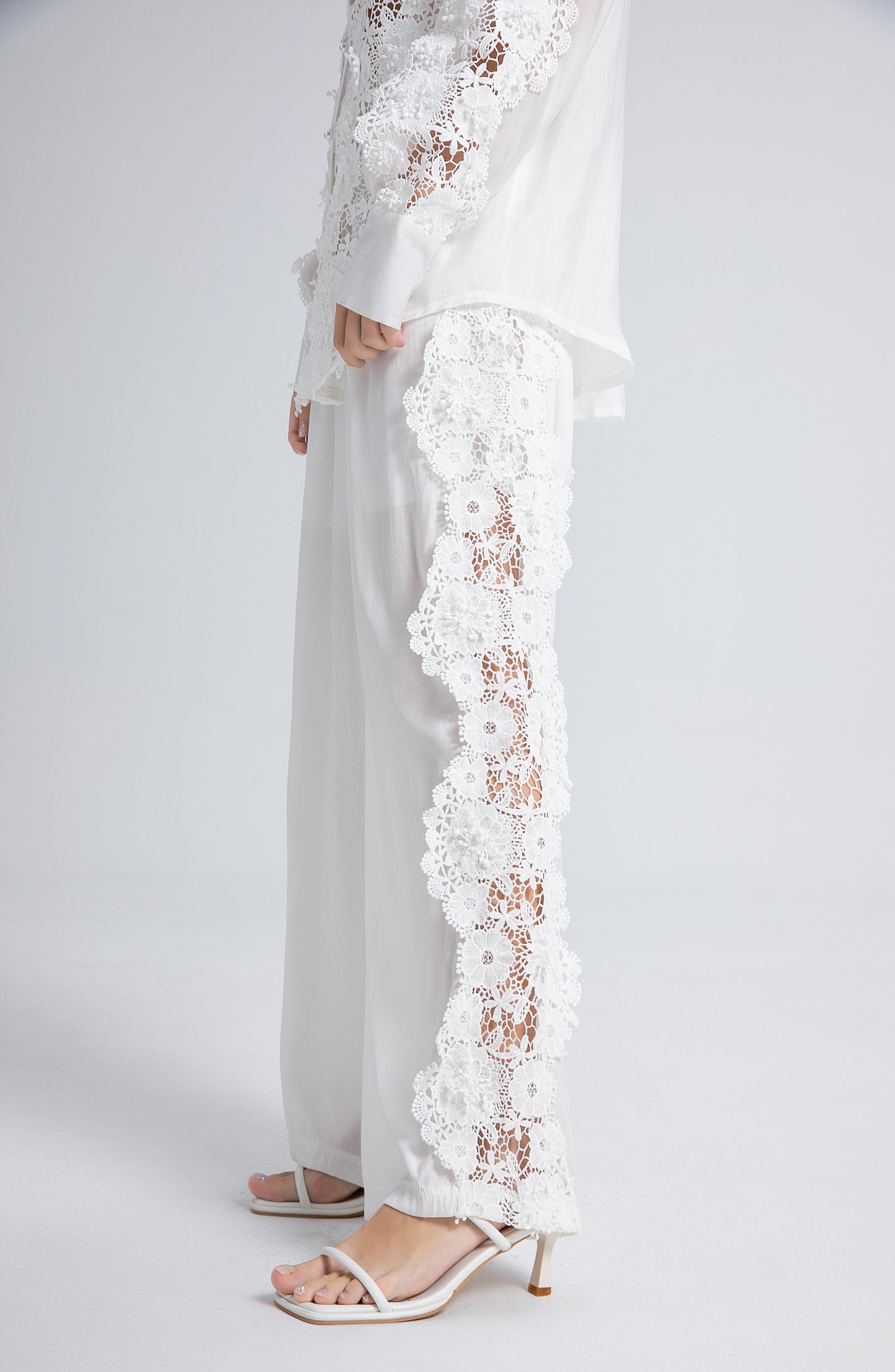 Lace Hollow Elastic Waist Shirt Pants Set