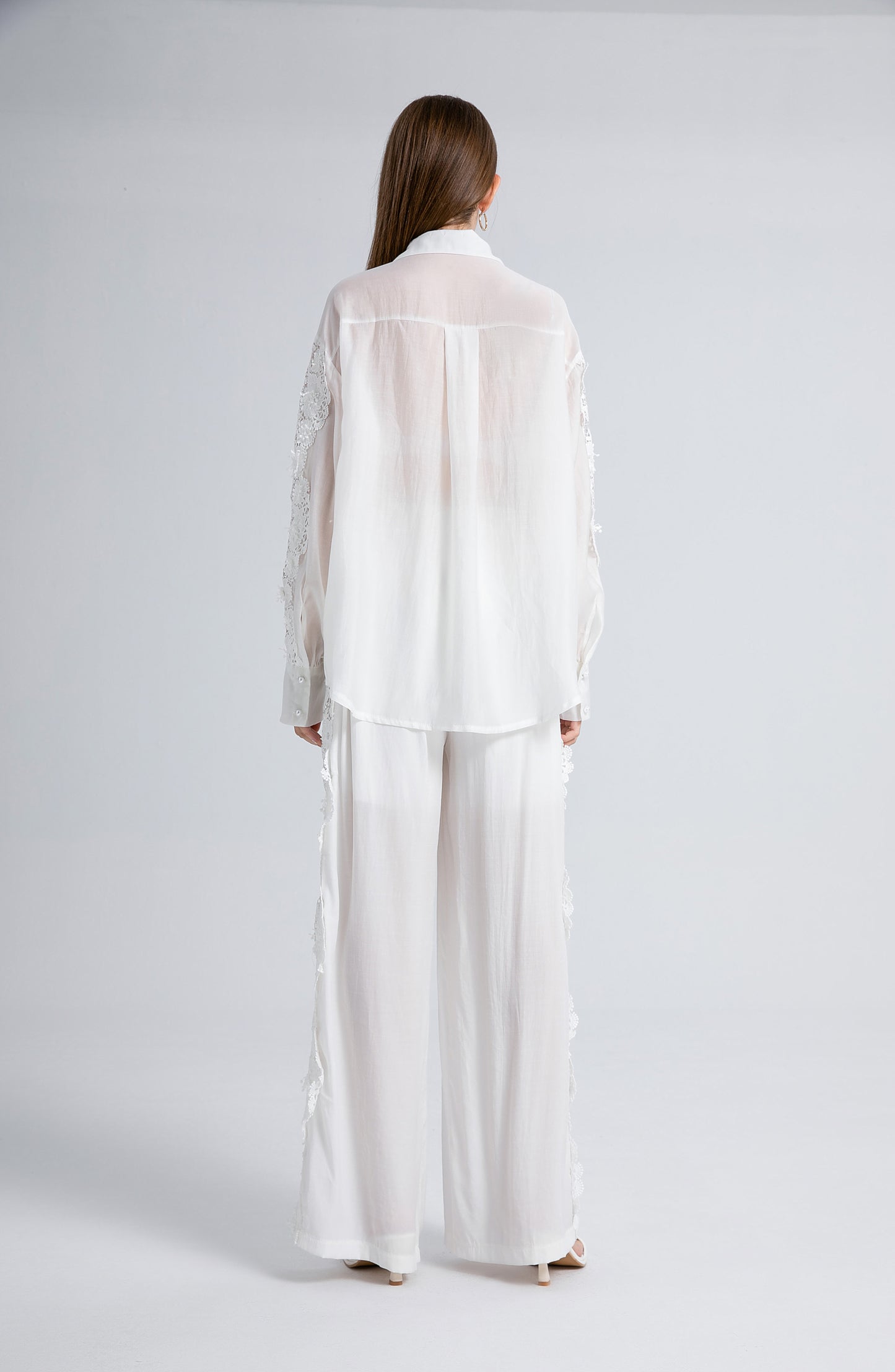 Lace Hollow Elastic Waist Shirt Pants Set