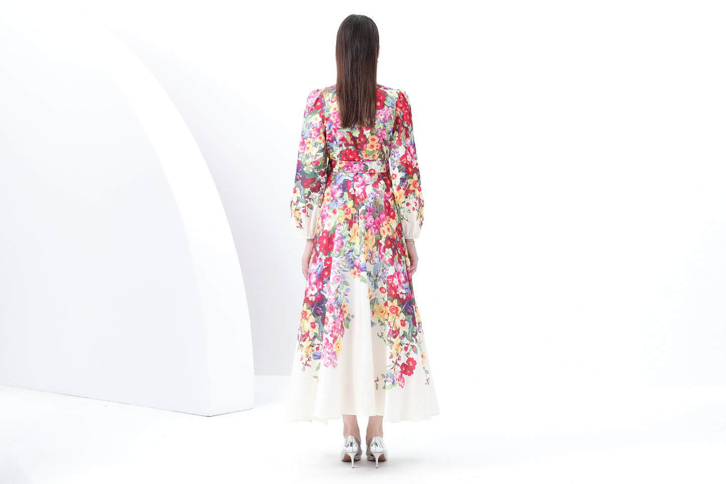 Women's Floral Print Lantern Sleeve Slit Maxi Dress