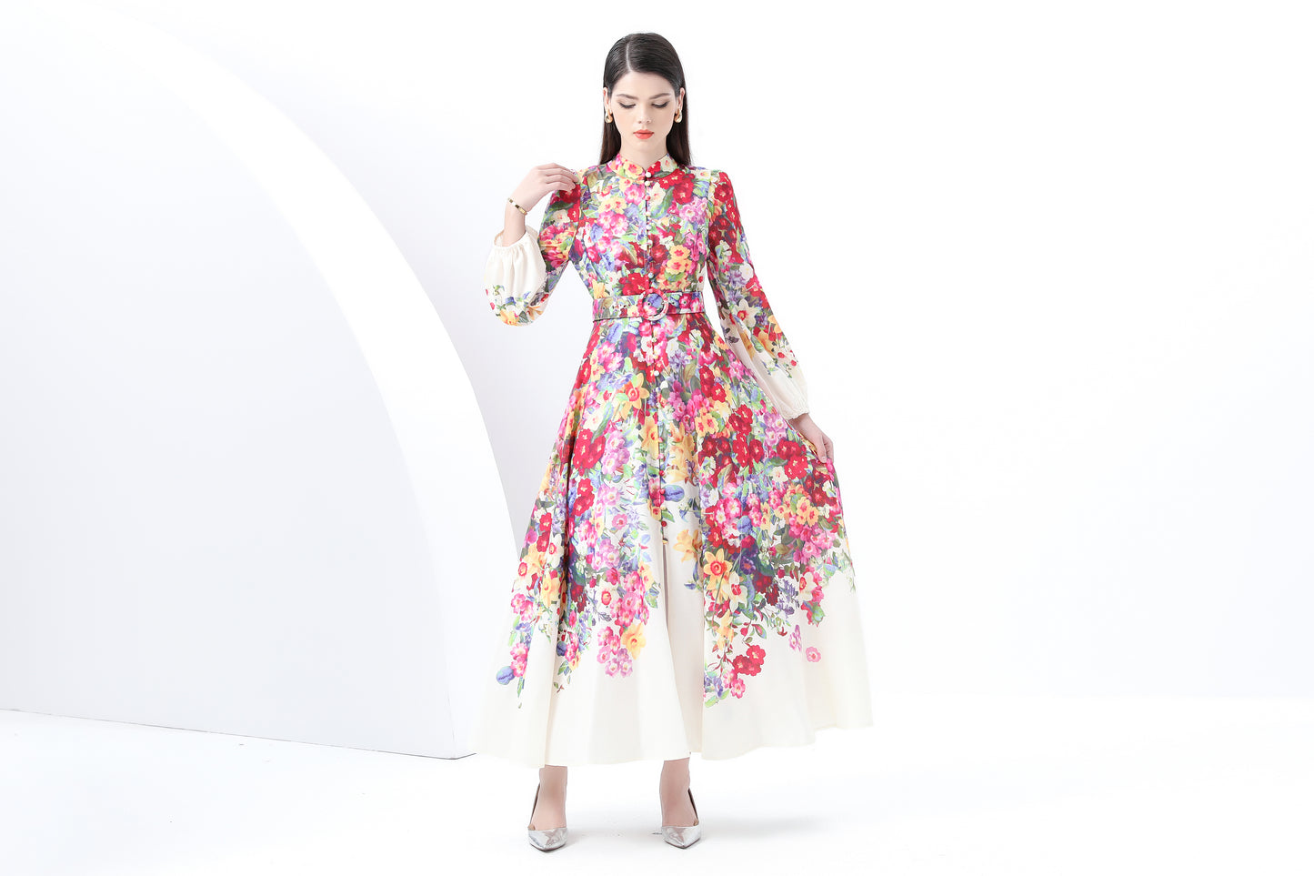 Women's Floral Print Lantern Sleeve Slit Maxi Dress