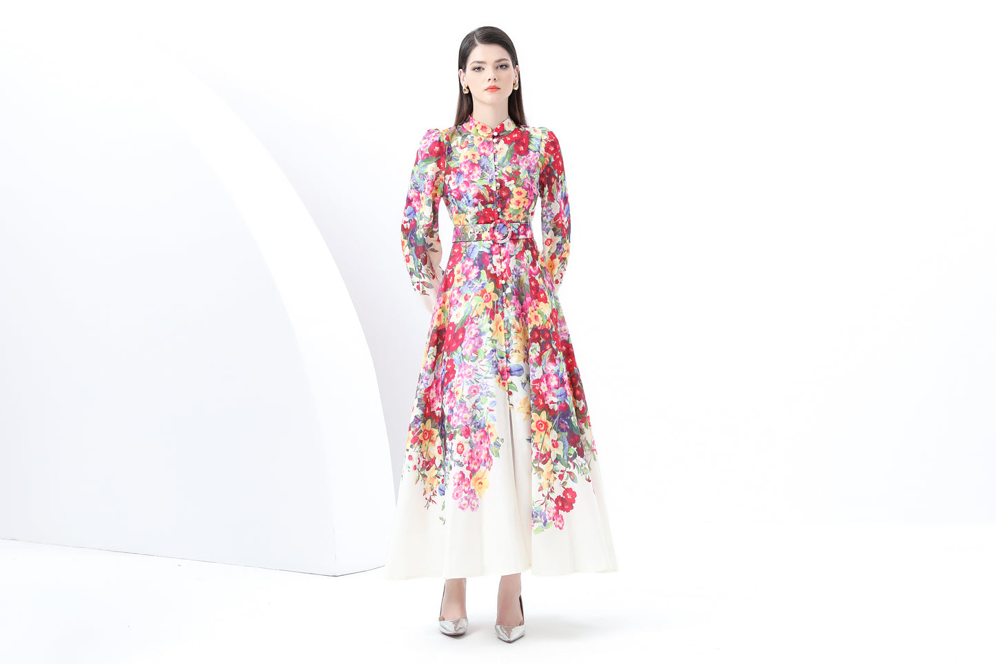 Women's Floral Print Lantern Sleeve Slit Maxi Dress