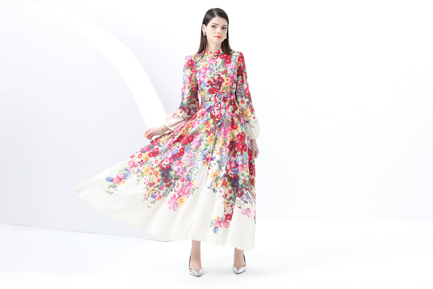 Women's Floral Print Lantern Sleeve Slit Maxi Dress