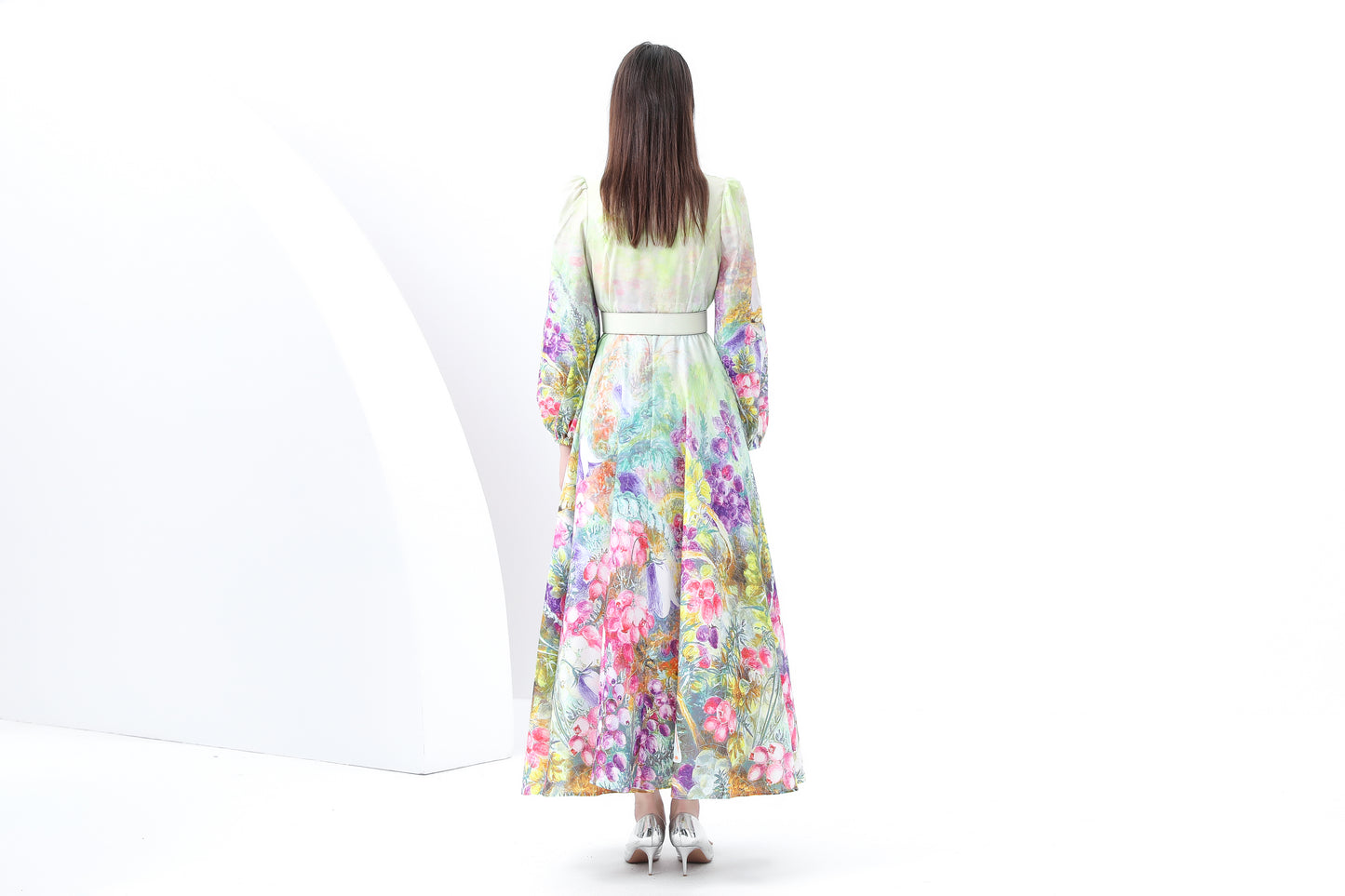 Women's Floral Print Lantern Sleeve Slit Maxi Dress