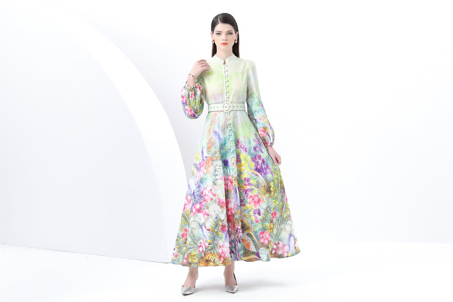 Women's Floral Print Lantern Sleeve Slit Maxi Dress