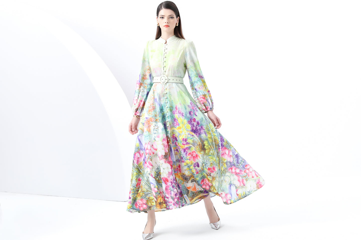 Women's Floral Print Lantern Sleeve Slit Maxi Dress