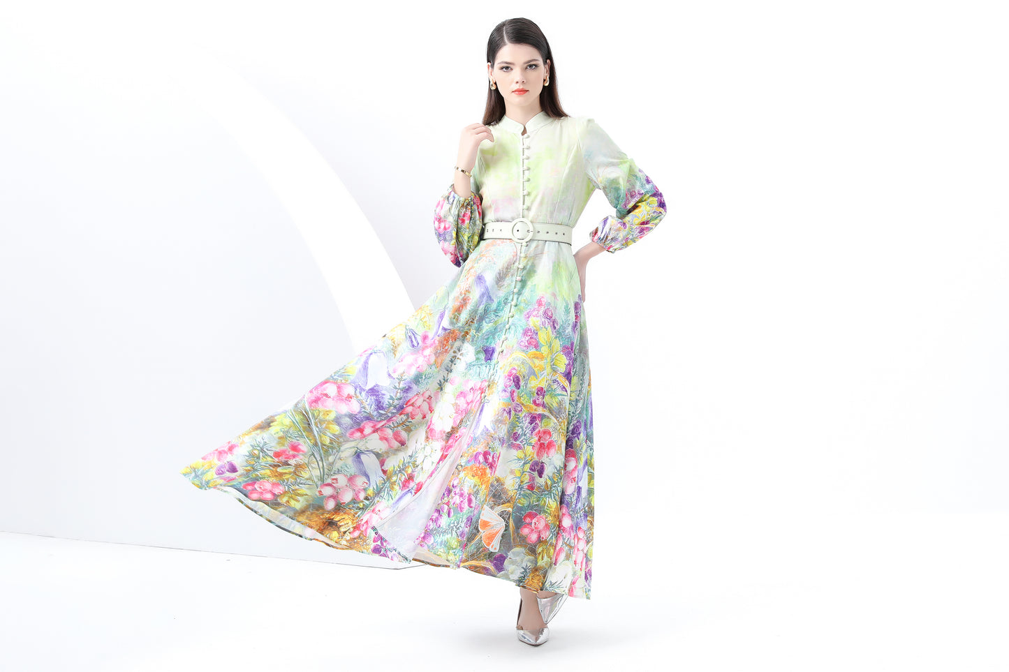 Women's Floral Print Lantern Sleeve Slit Maxi Dress