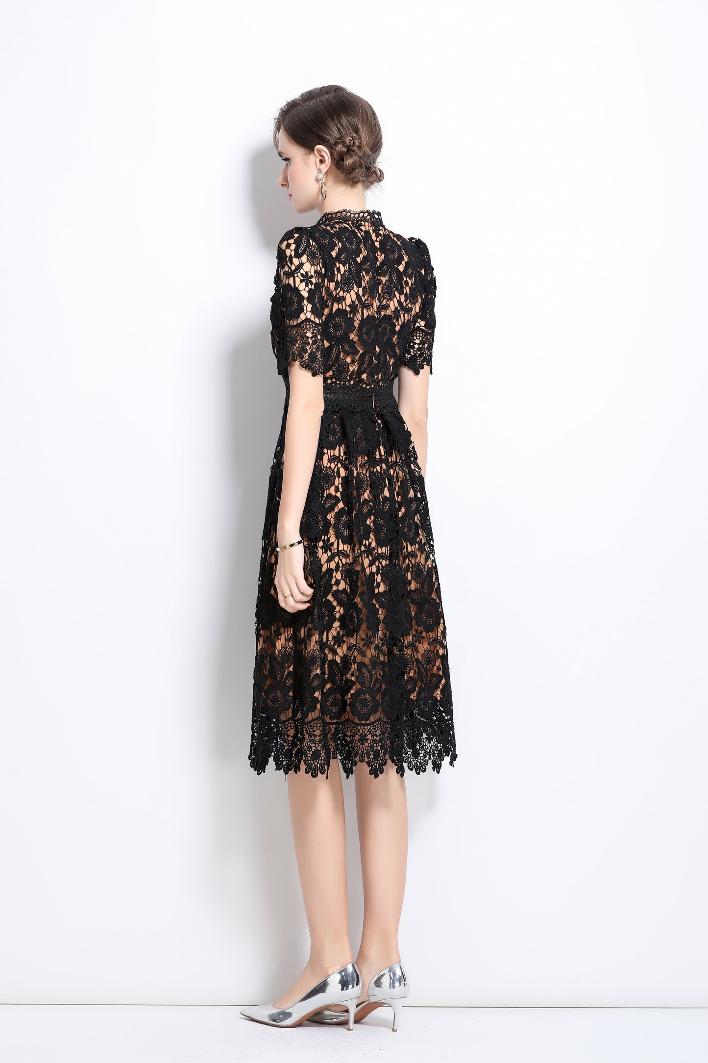 Women's Floral Lace Waist Crochet Midi Dress