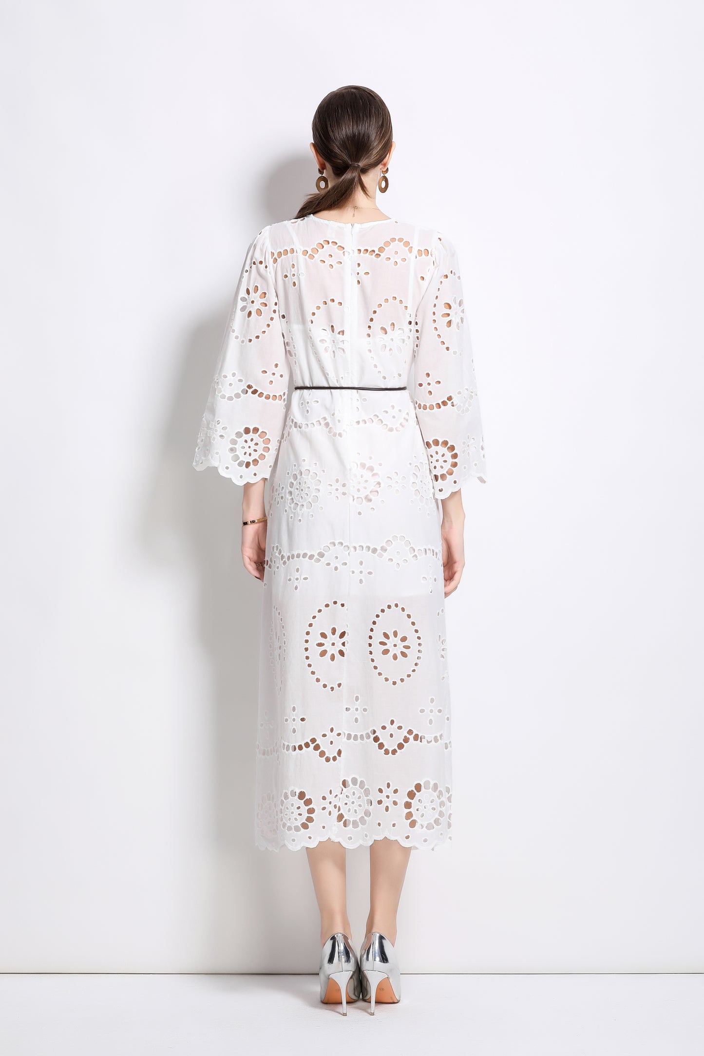 Women's Hollow 3/4 Flare Sleeve Midi Dress