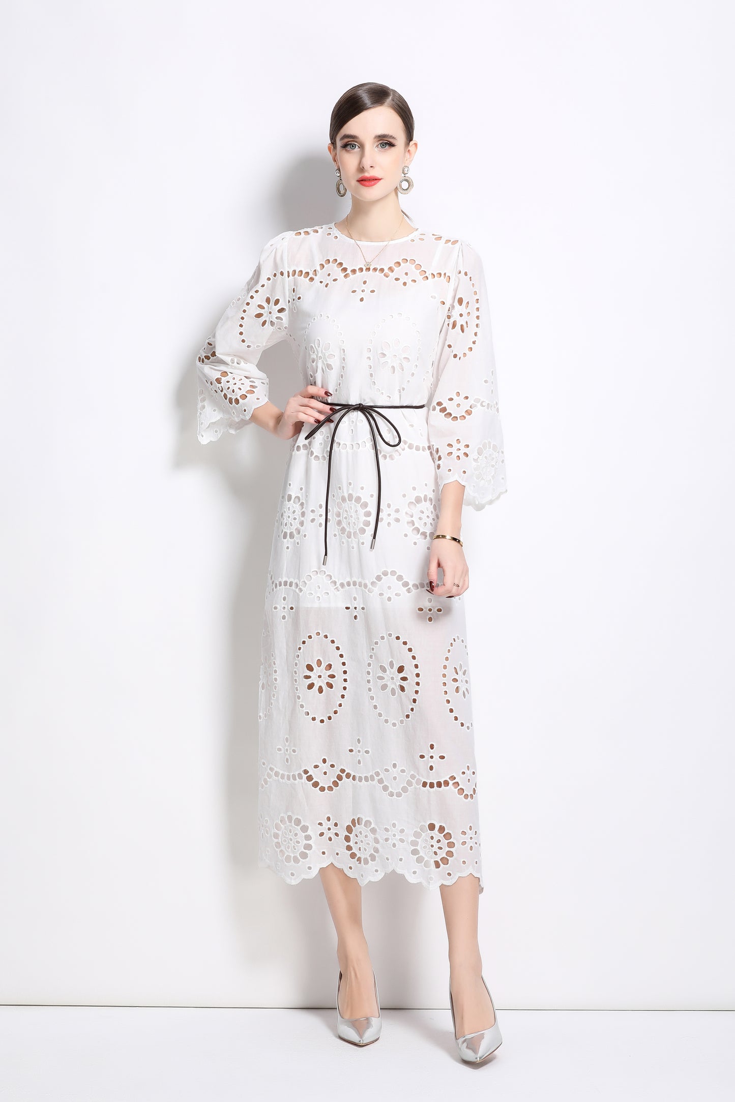 Women's Hollow 3/4 Flare Sleeve Midi Dress