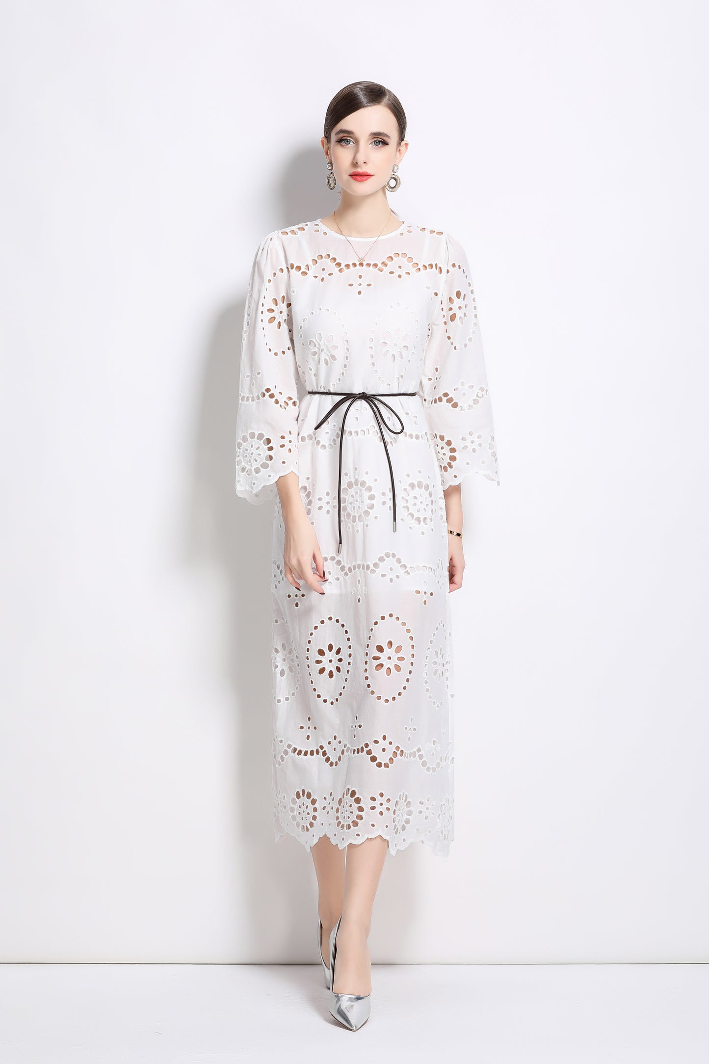 Women's Hollow 3/4 Flare Sleeve Midi Dress