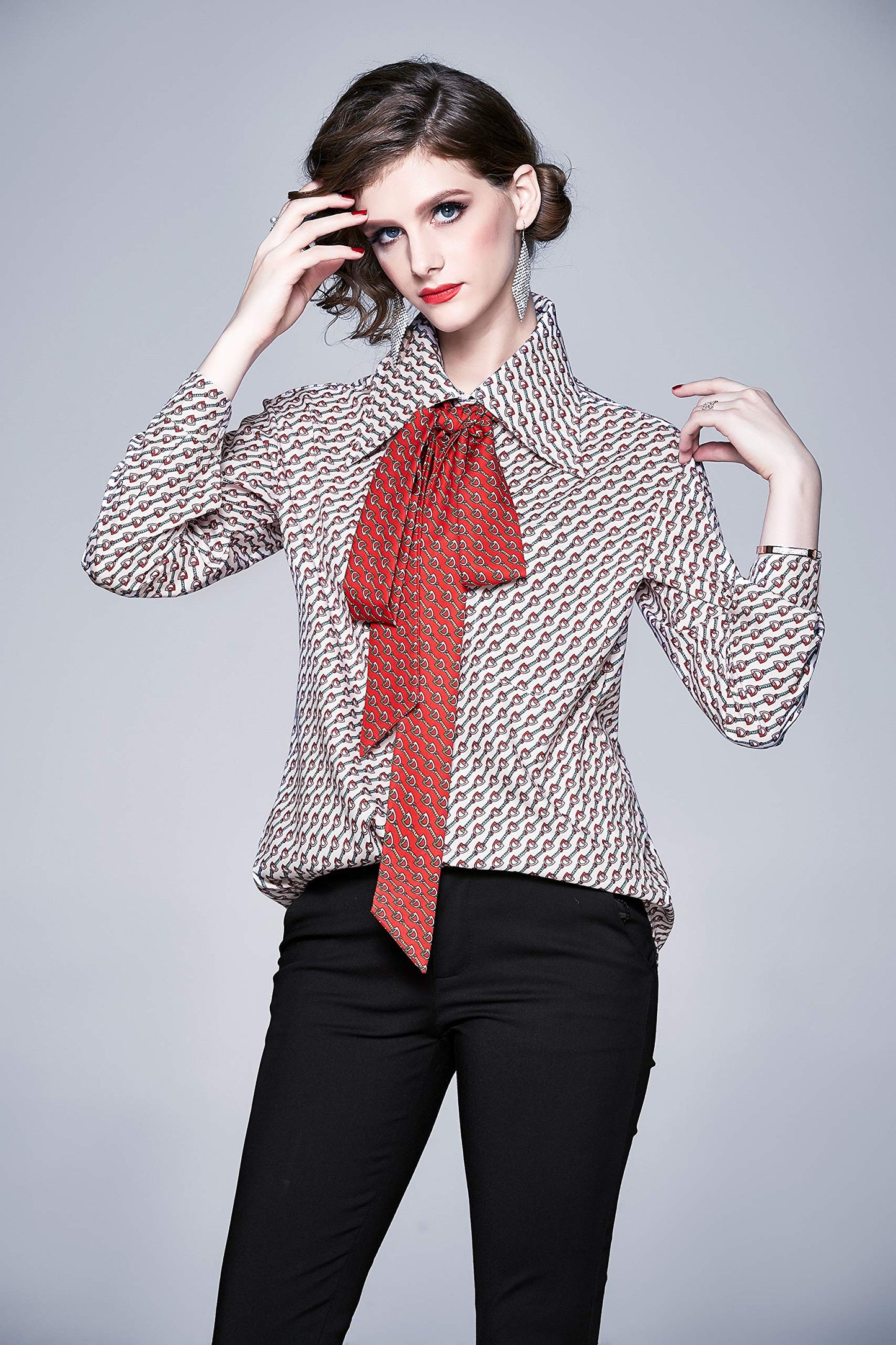 BK-Tie Neck Print Long Sleeve Blouse Top
