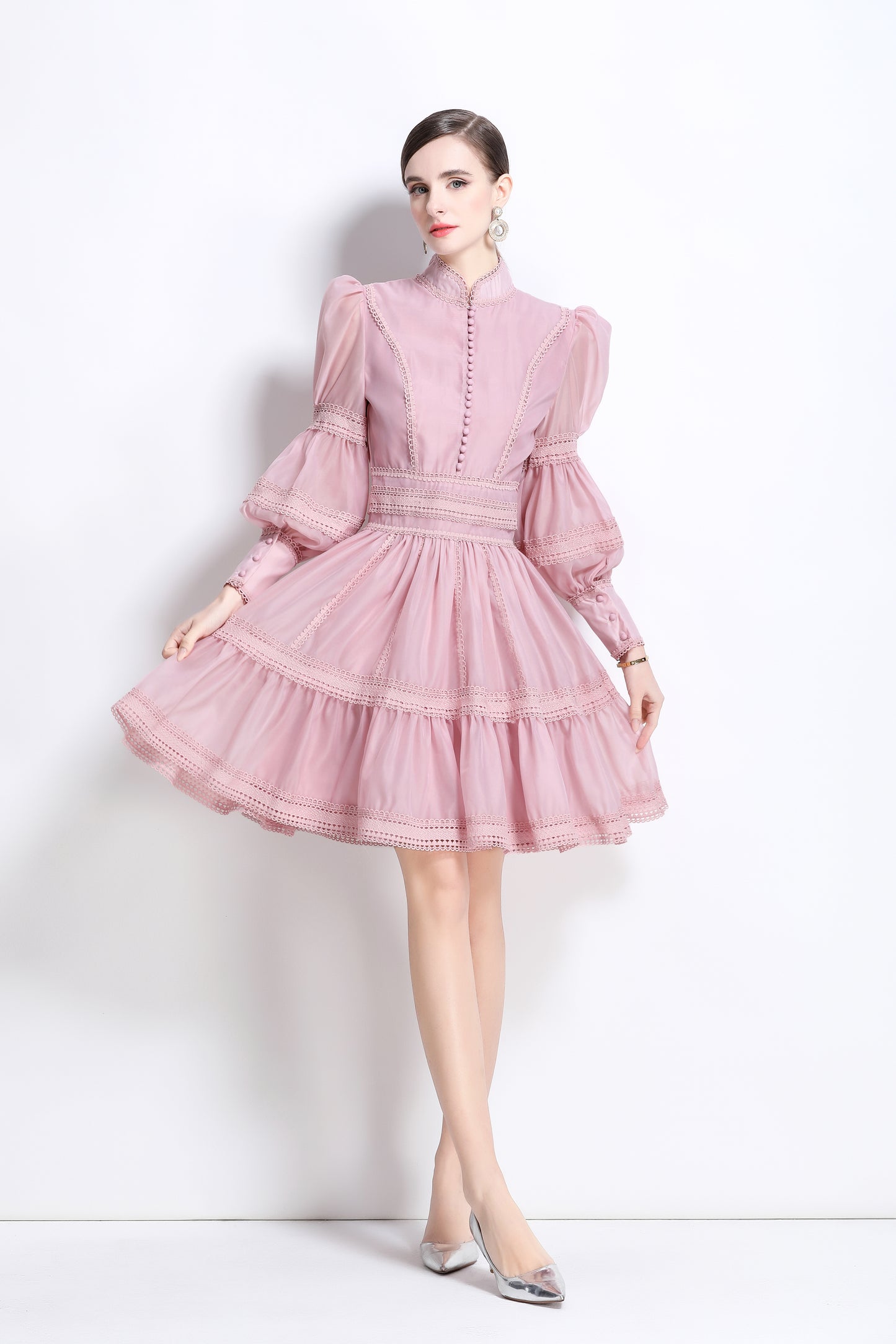 BK-Organza Lace Puff Sleeve Mini Dress