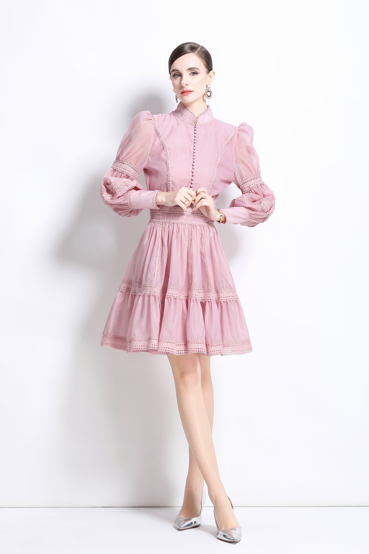 BK-Organza Lace Puff Sleeve Mini Dress